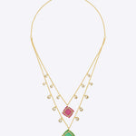 14K gold layered necklace with square-cut gems, Polki, and diamonds.