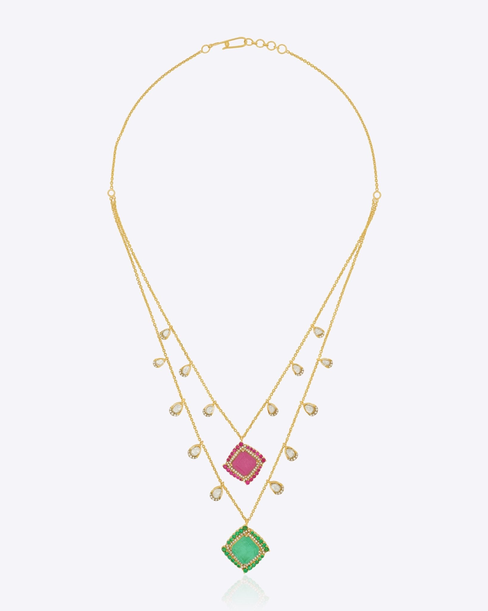 14K gold layered necklace with square-cut gems, Polki, and diamonds.