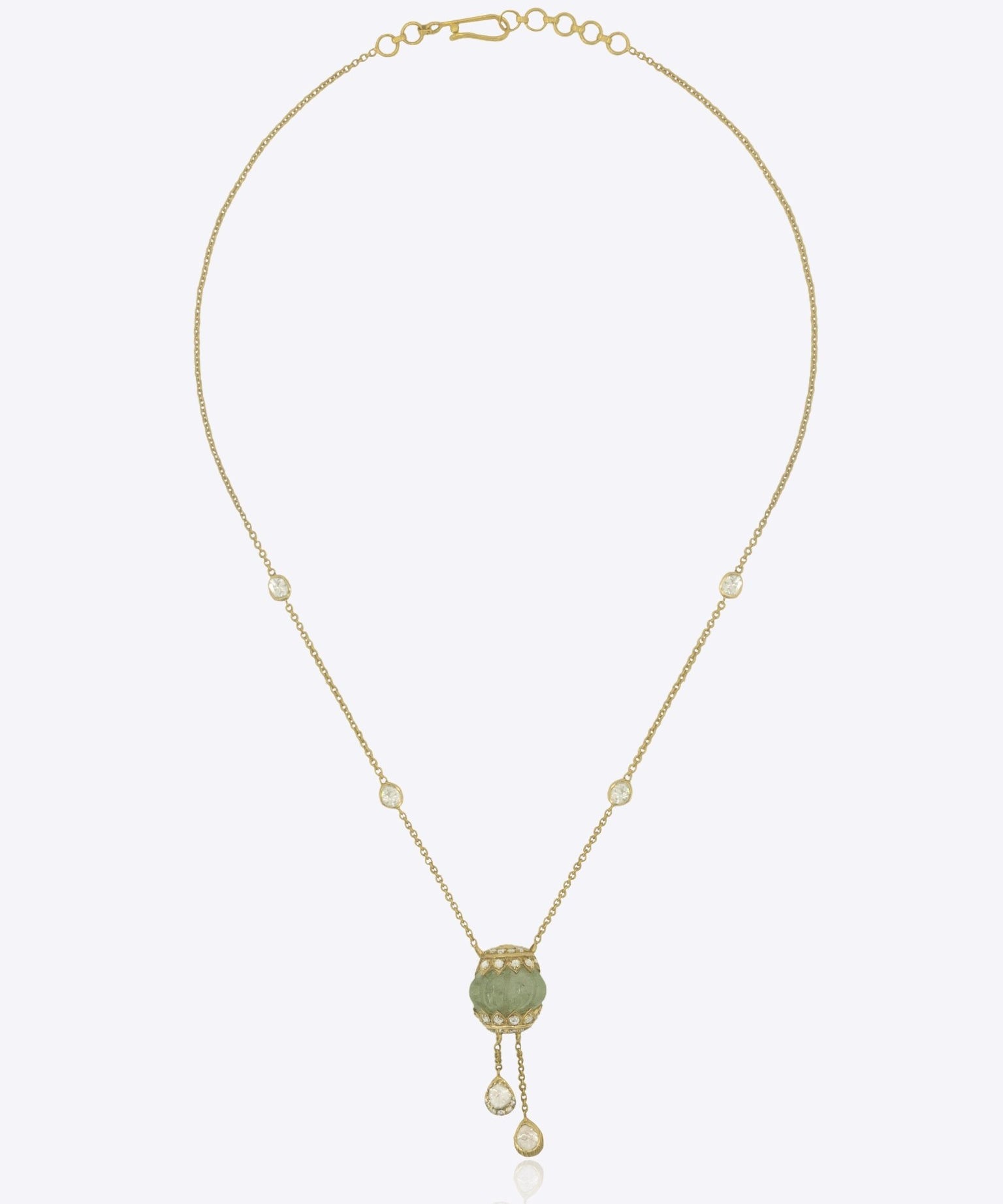 9k gold Luminous Orb necklace with spherical centerpiece and dual Polki drop chains