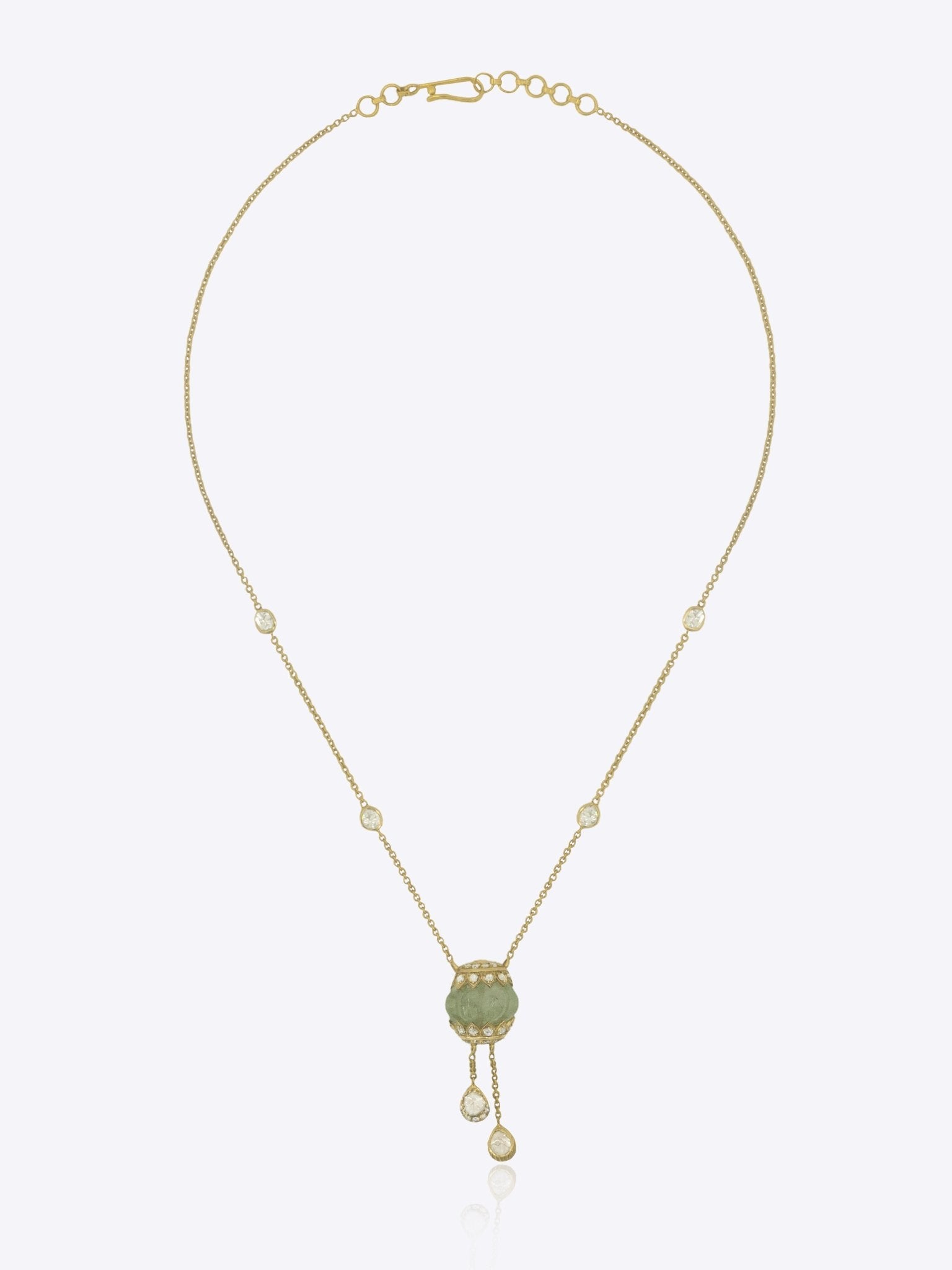 9k gold Luminous Orb necklace with spherical centerpiece and dual Polki drop chains