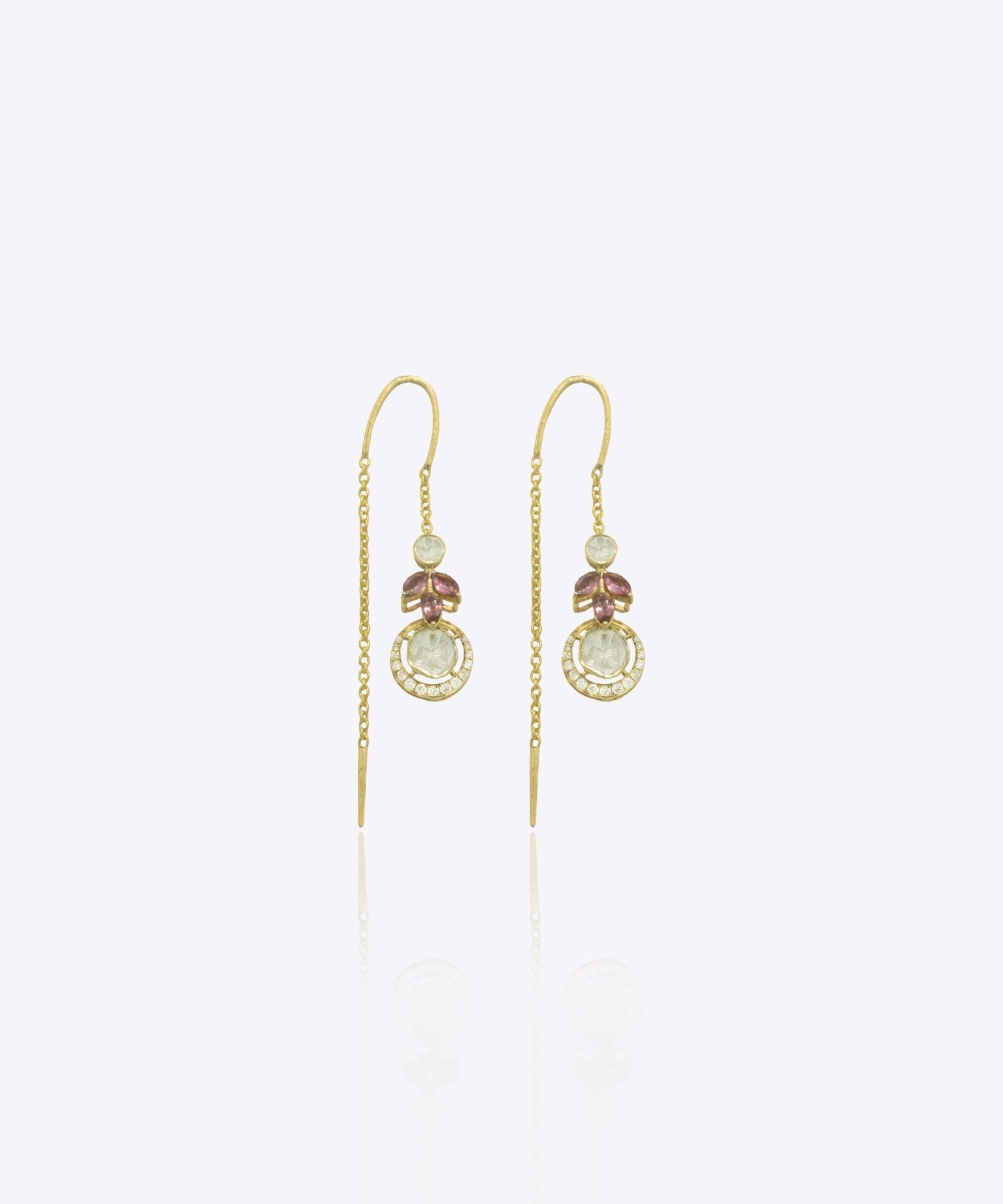 9k gold minimal pearl earrings with floral Polki detailing and sleek threads