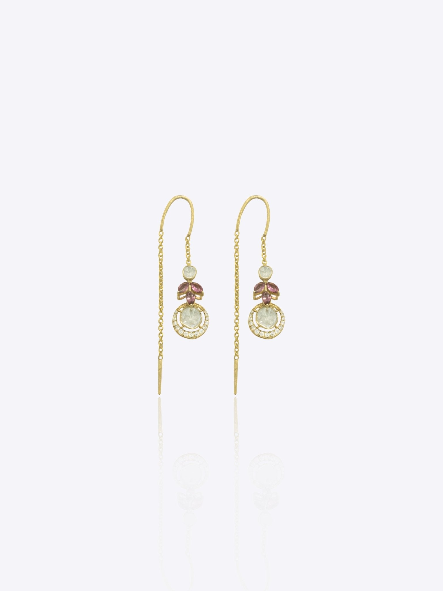9k gold minimal pearl earrings with floral Polki detailing and sleek threads