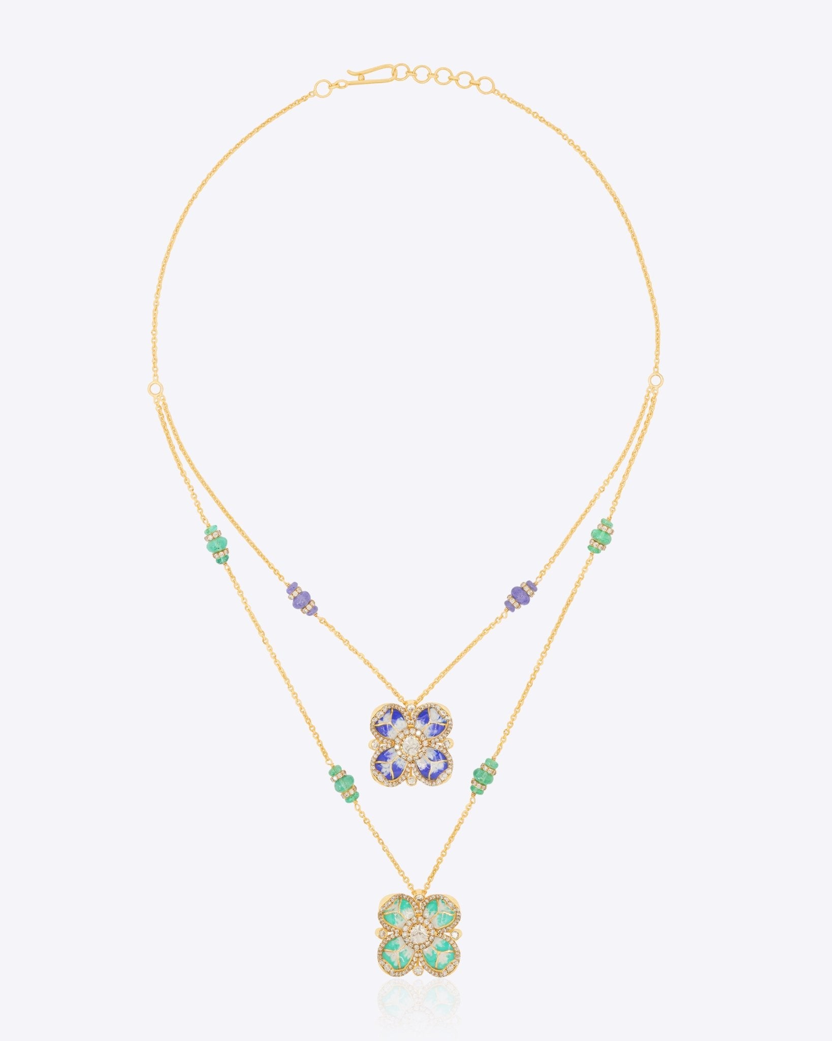 14k gold necklace with layered floral pendants in tanzanite, enamel, and Polki