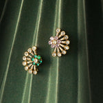 14k gold stud earrings with sunburst Polki and green-pink gemstones