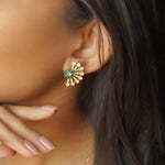 14k gold stud earrings with sunburst Polki and green-pink gemstones