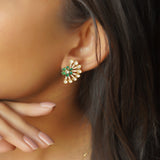 14k gold stud earrings with sunburst Polki and green-pink gemstones