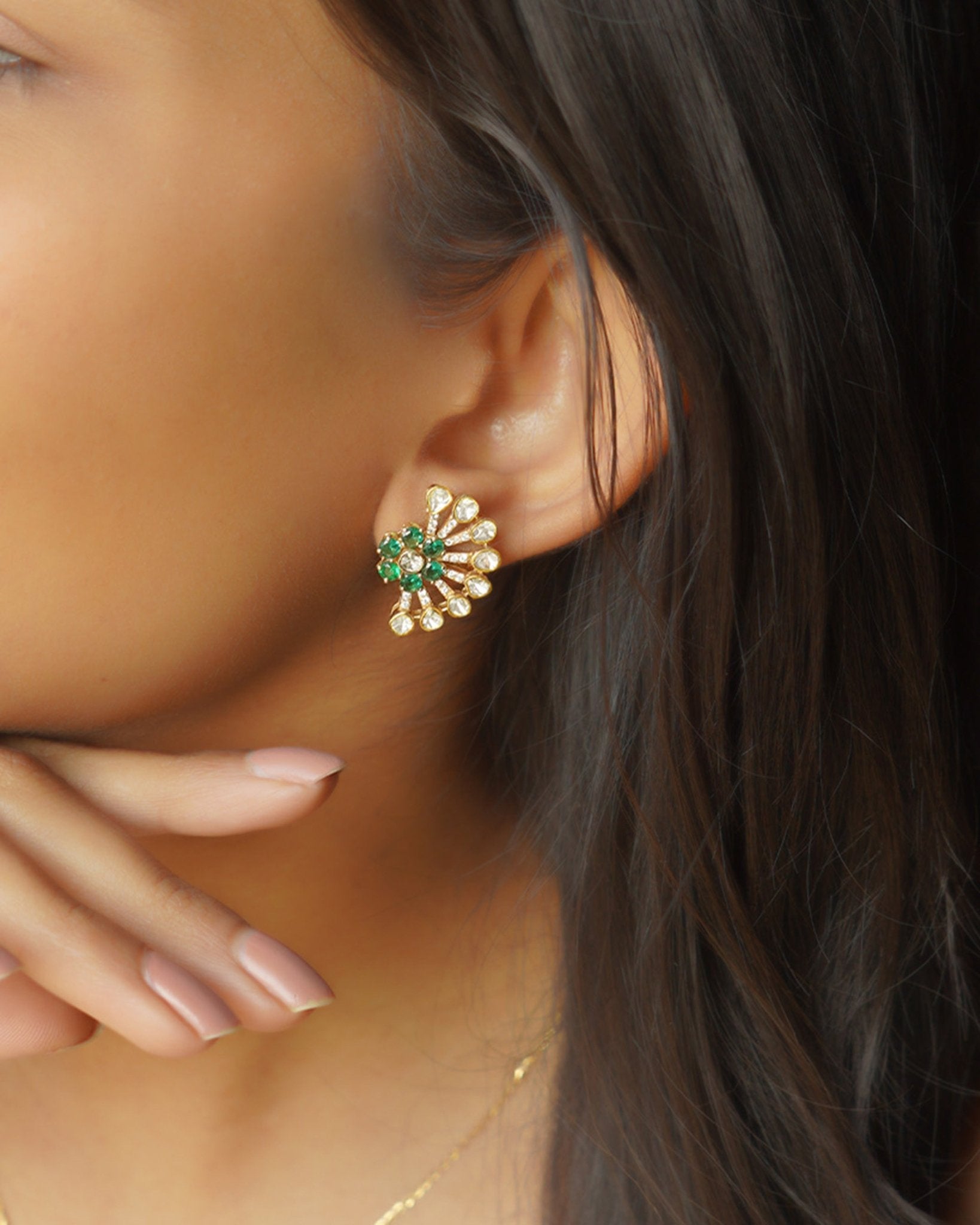 14k gold stud earrings with sunburst Polki and green-pink gemstones