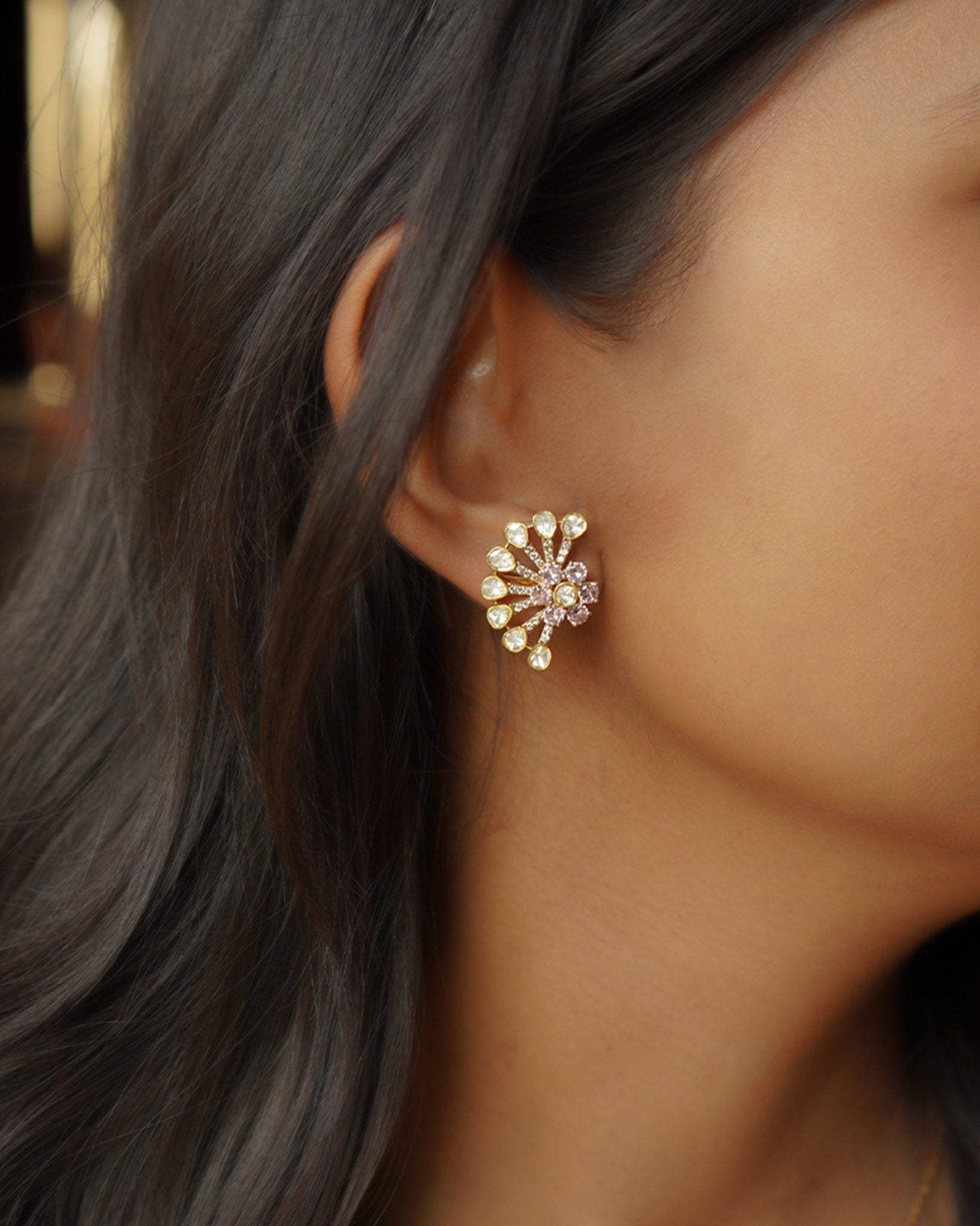 14k gold stud earrings with sunburst Polki and green-pink gemstones