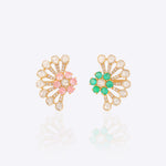 14k gold stud earrings with sunburst Polki and green-pink gemstones