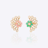 14k gold stud earrings with sunburst Polki and green-pink gemstones