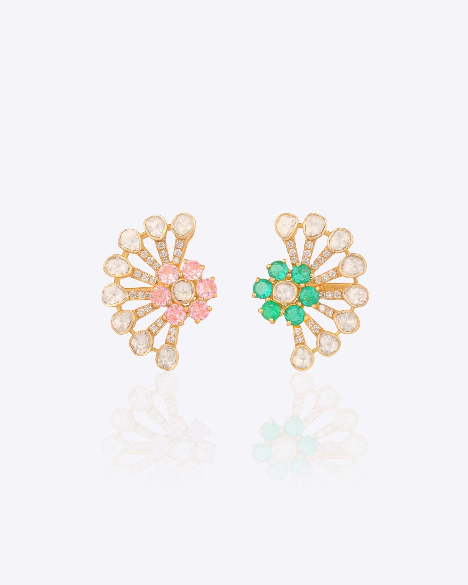 14k gold stud earrings with sunburst Polki and green-pink gemstones