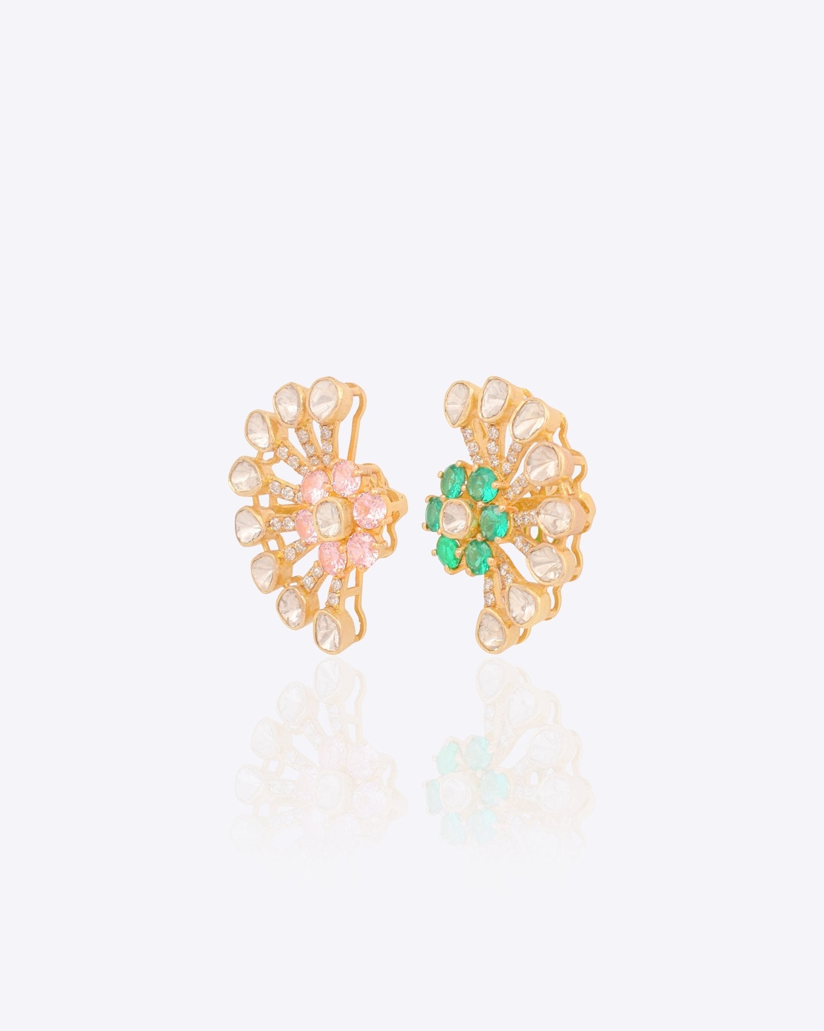 14k gold stud earrings with sunburst Polki and green-pink gemstones