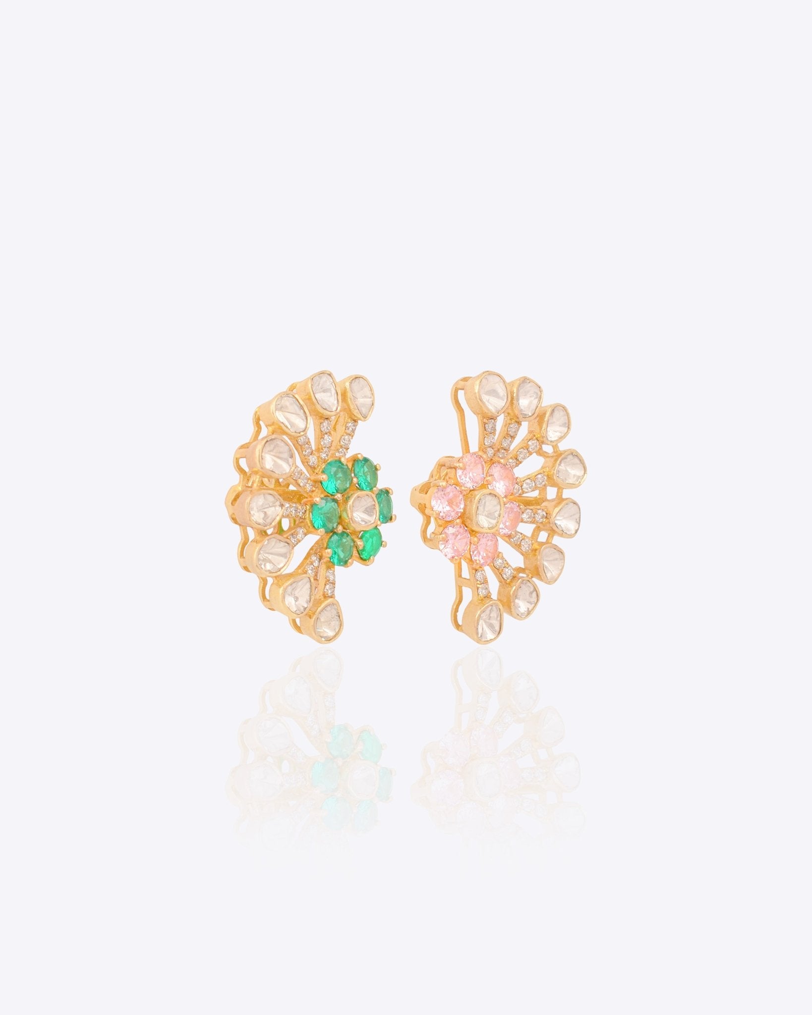 14k gold stud earrings with sunburst Polki and green-pink gemstones
