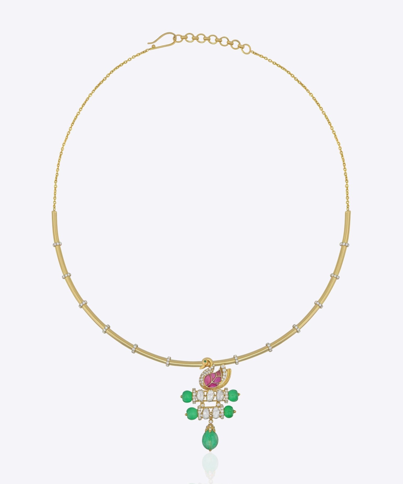 14K gold hasli necklace with floral Polki centerpiece, pink gemstones, and emerald drop accents