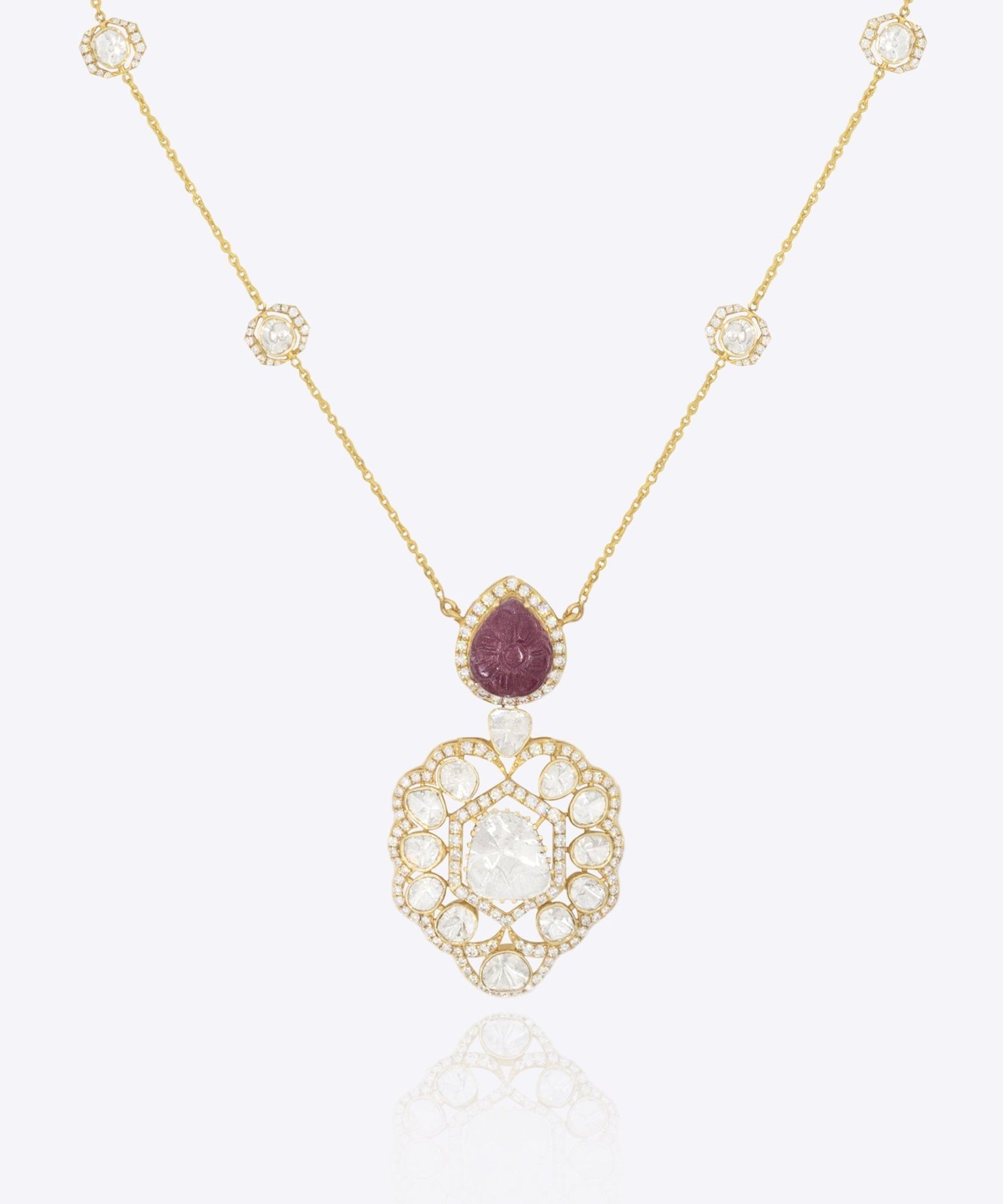 14K gold ruby pendant necklace modern minimal Polki fine jewellery