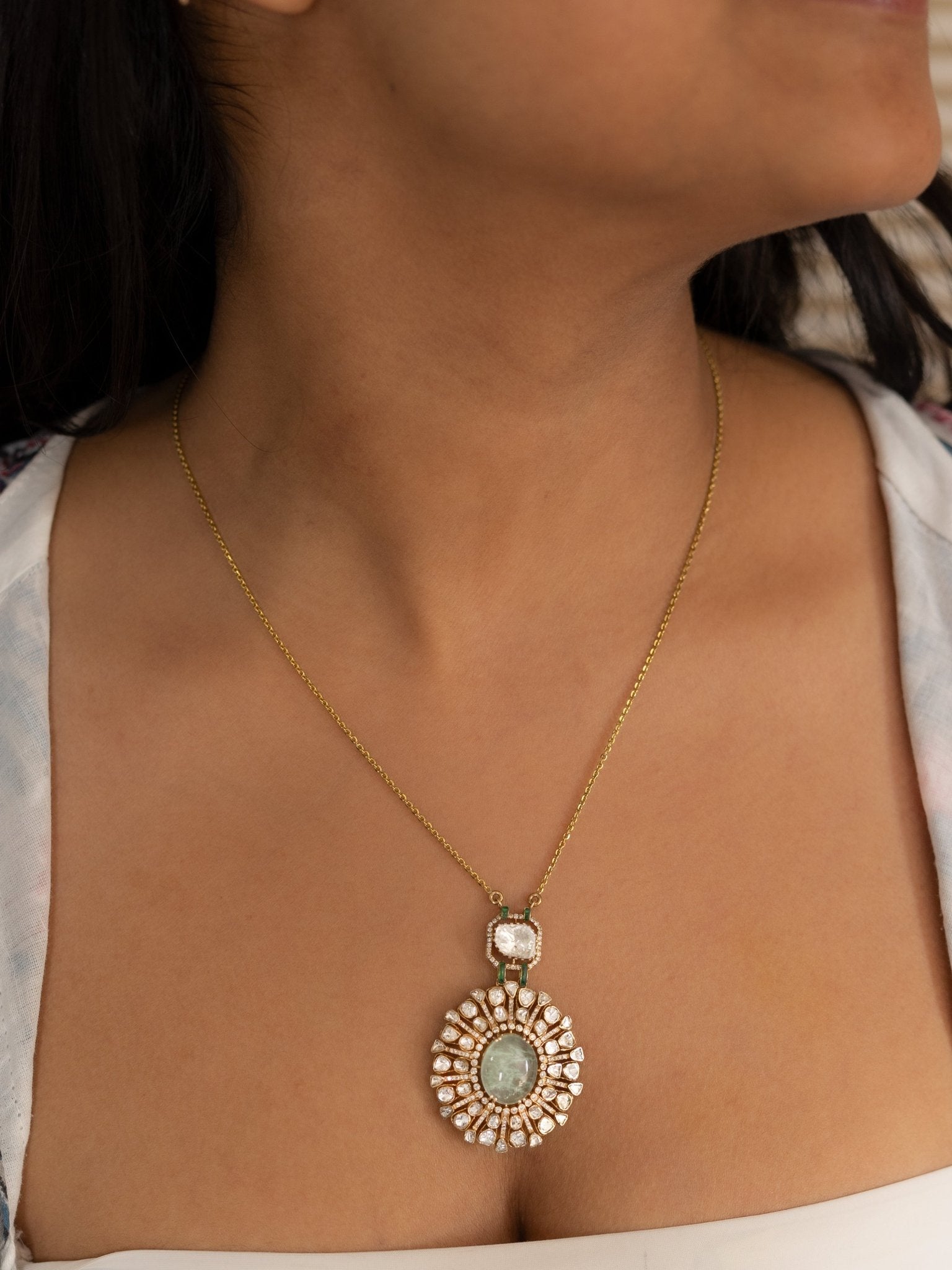 14K gold emerald pendant minimal modern Polki fine jewellery design