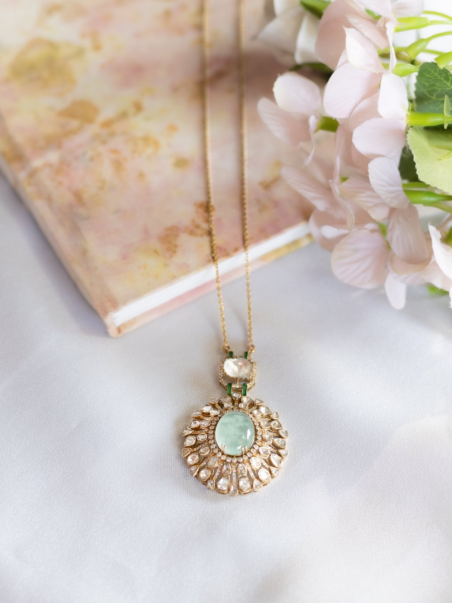 14K gold emerald pendant minimal modern Polki fine jewellery design