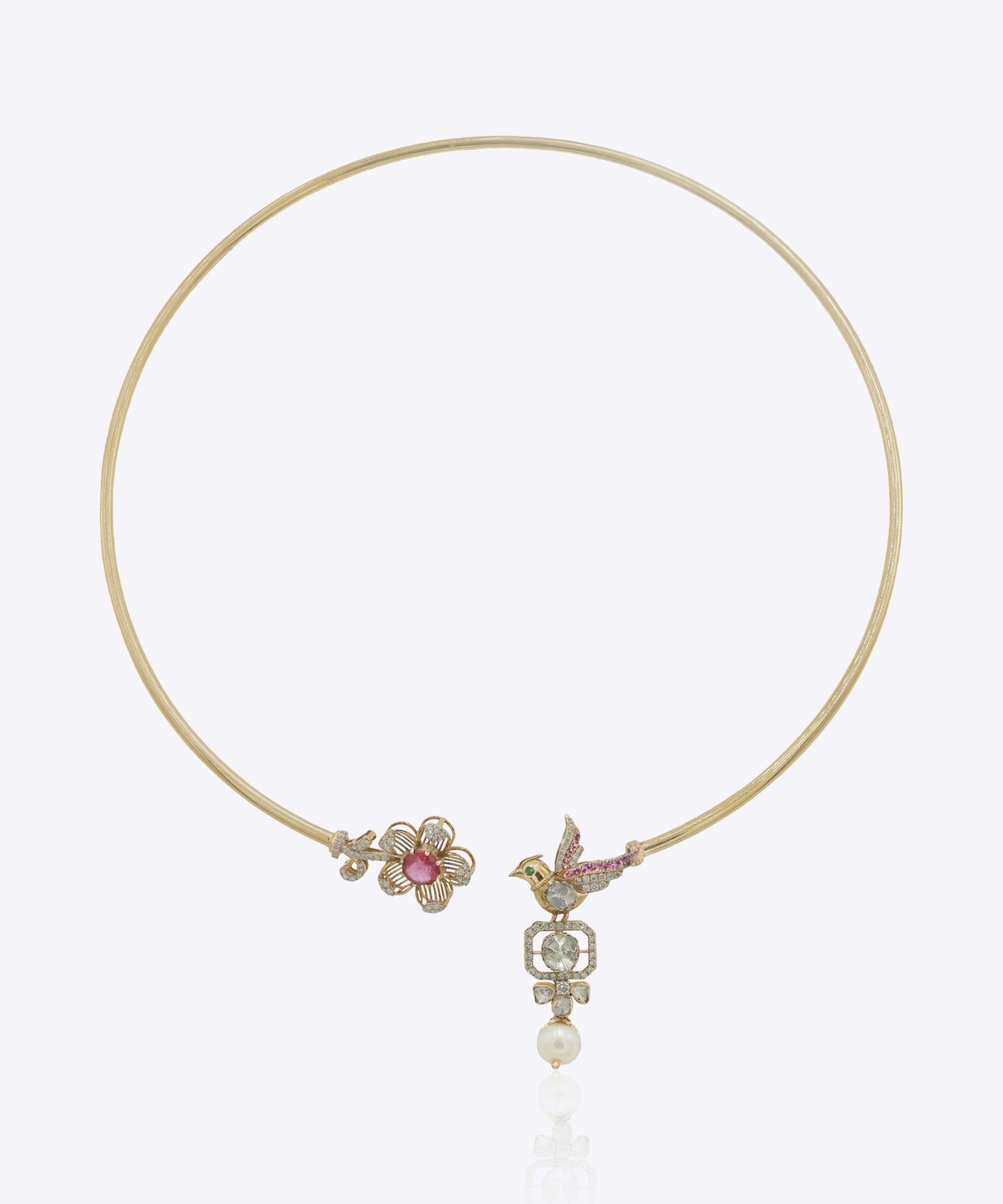 14k gold artistic Hasli with bird sculpture and elegant Polki cascading detail