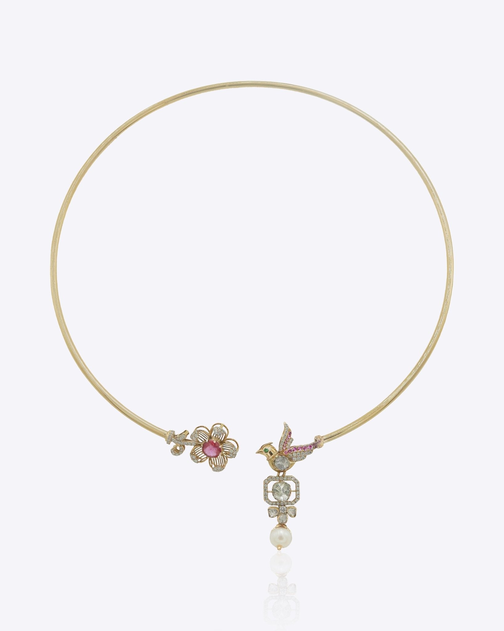 14k gold artistic Hasli with bird sculpture and elegant Polki cascading detail