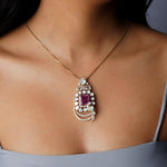 Vintage Grace Pendant in 14k gold with radiant pink gemstone and Polki diamond framing.