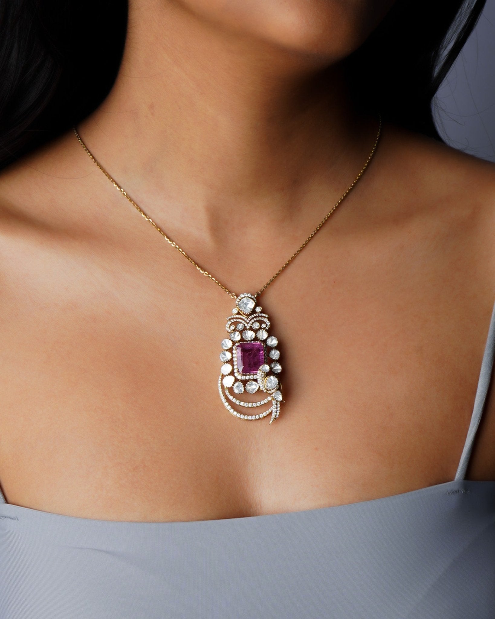 Vintage Grace Pendant in 14k gold with radiant pink gemstone and Polki diamond framing.