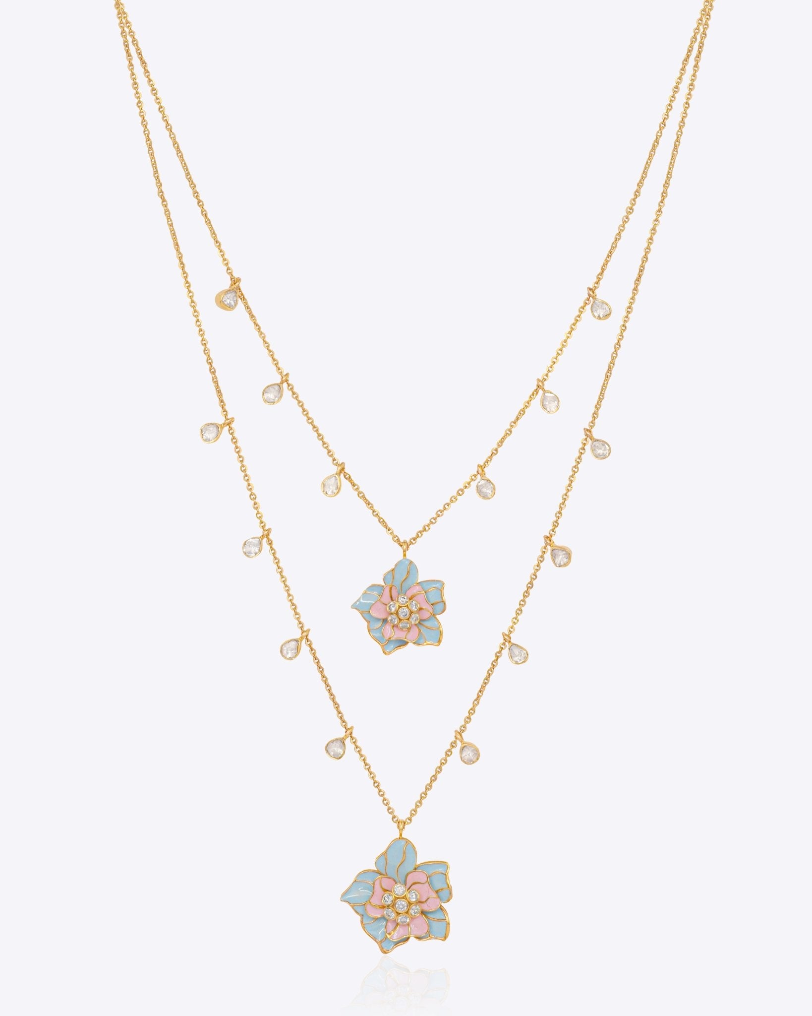 Secret Garden Necklace in 14k gold with a floral Polki centrepiece and double chain