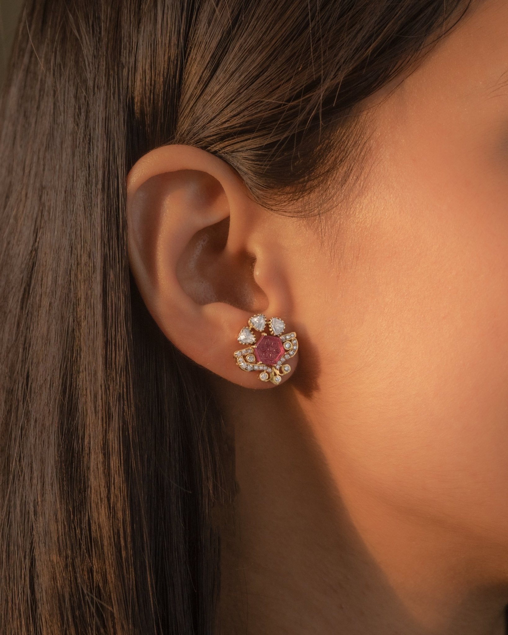 14K gold Mughal Muse earrings with Polki diamonds in a classic motif.