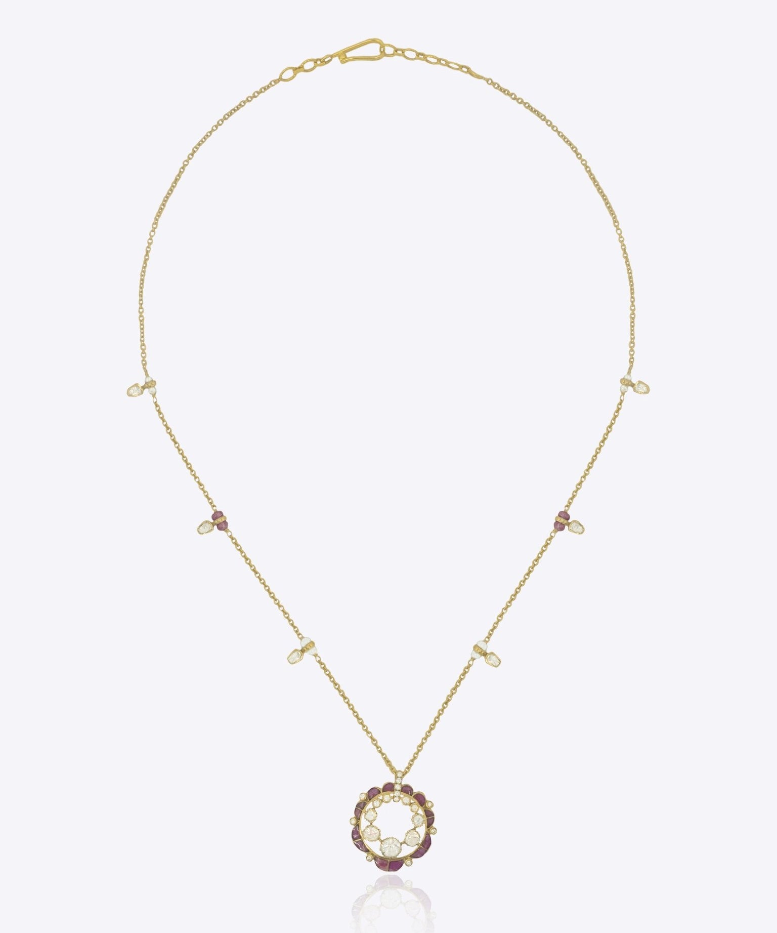9k gold Rose Wreath necklace with floral wreath centerpiece, enamel petals, and elegant Polki jewellery 