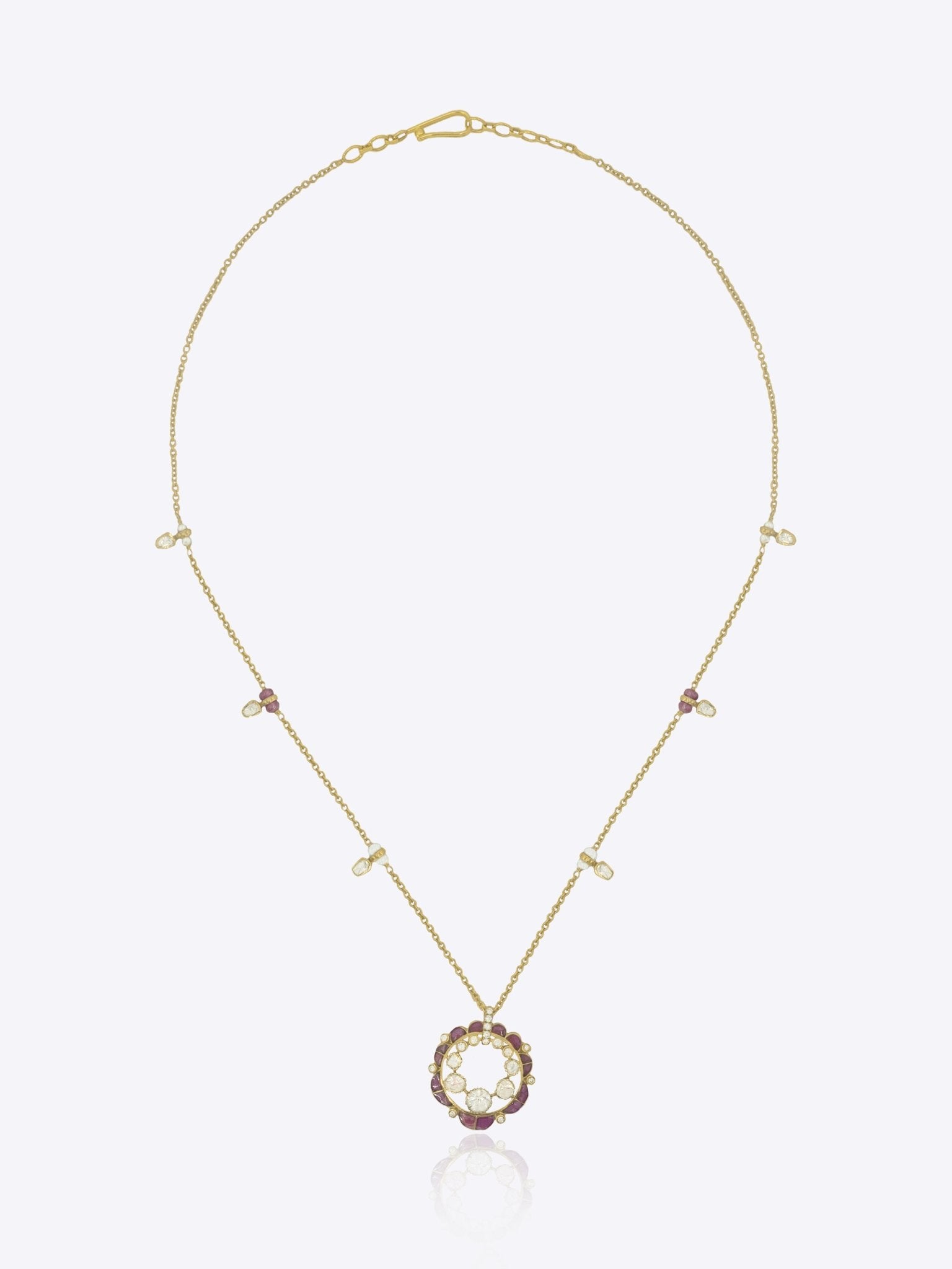 9k gold Rose Wreath necklace with floral wreath centerpiece, enamel petals, and elegant Polki jewellery 
