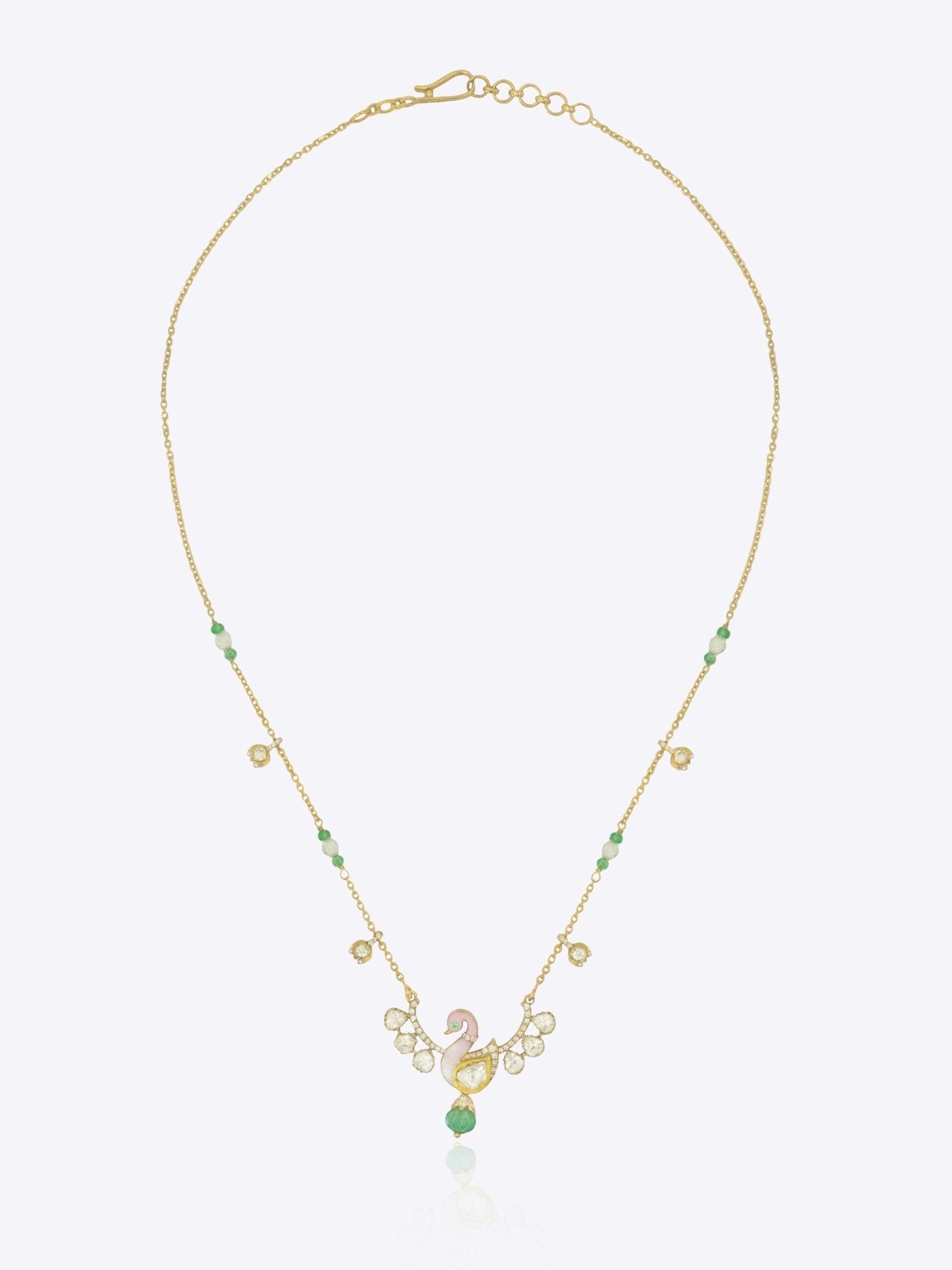 Swan Serenity Necklace in 14K gold with an enamel swan and Polki diamond wings.