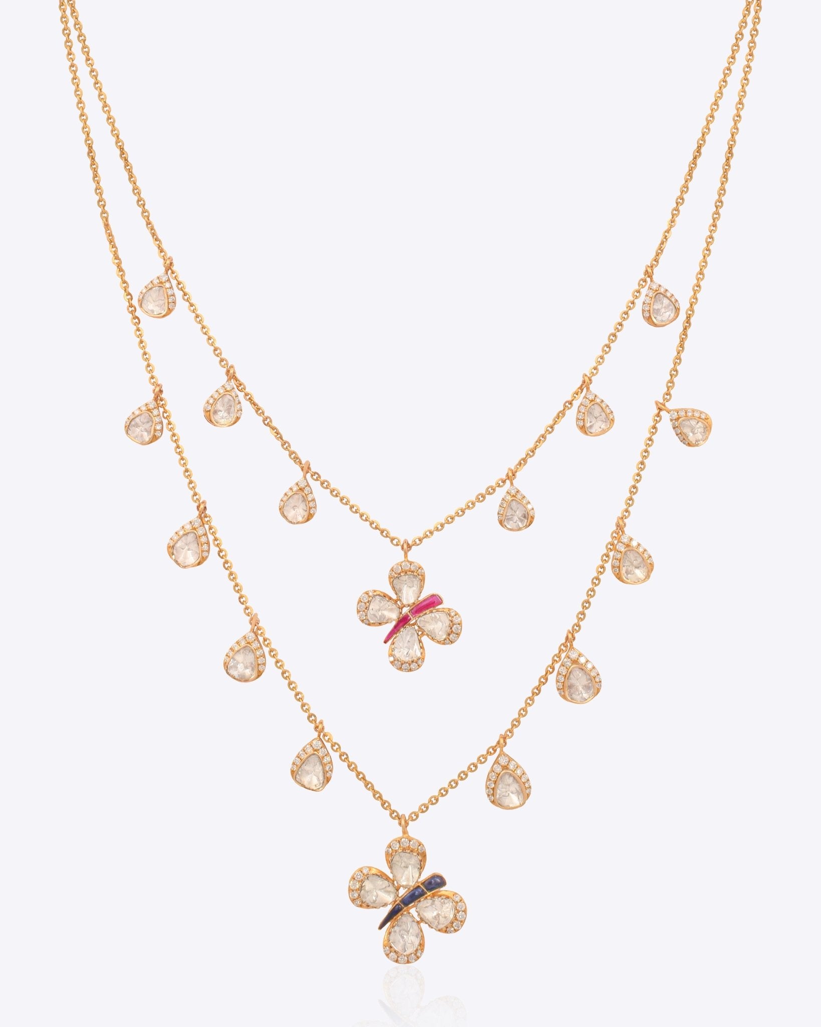 14k gold Papillon Dream Necklace with double-layered chain and Polki droplets.
