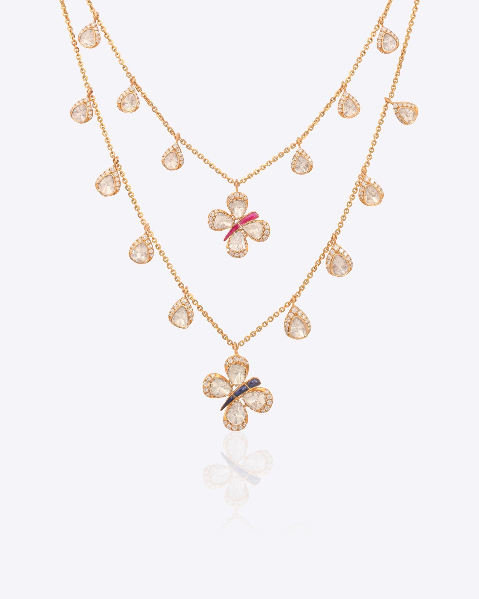 14k gold Papillon Dream Necklace with double-layered chain and Polki droplets.