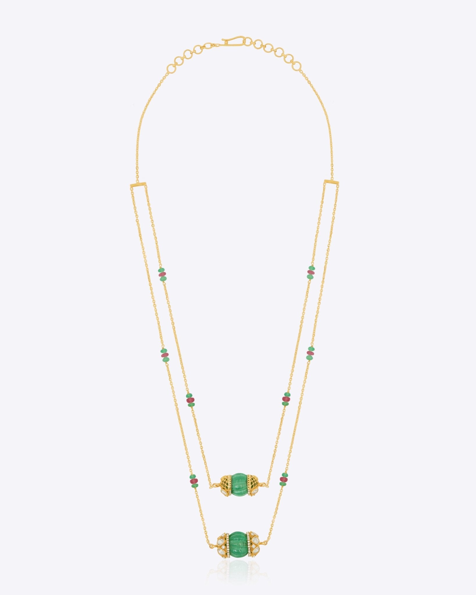 14K gold necklace with emerald-green gemstones and ruby accents