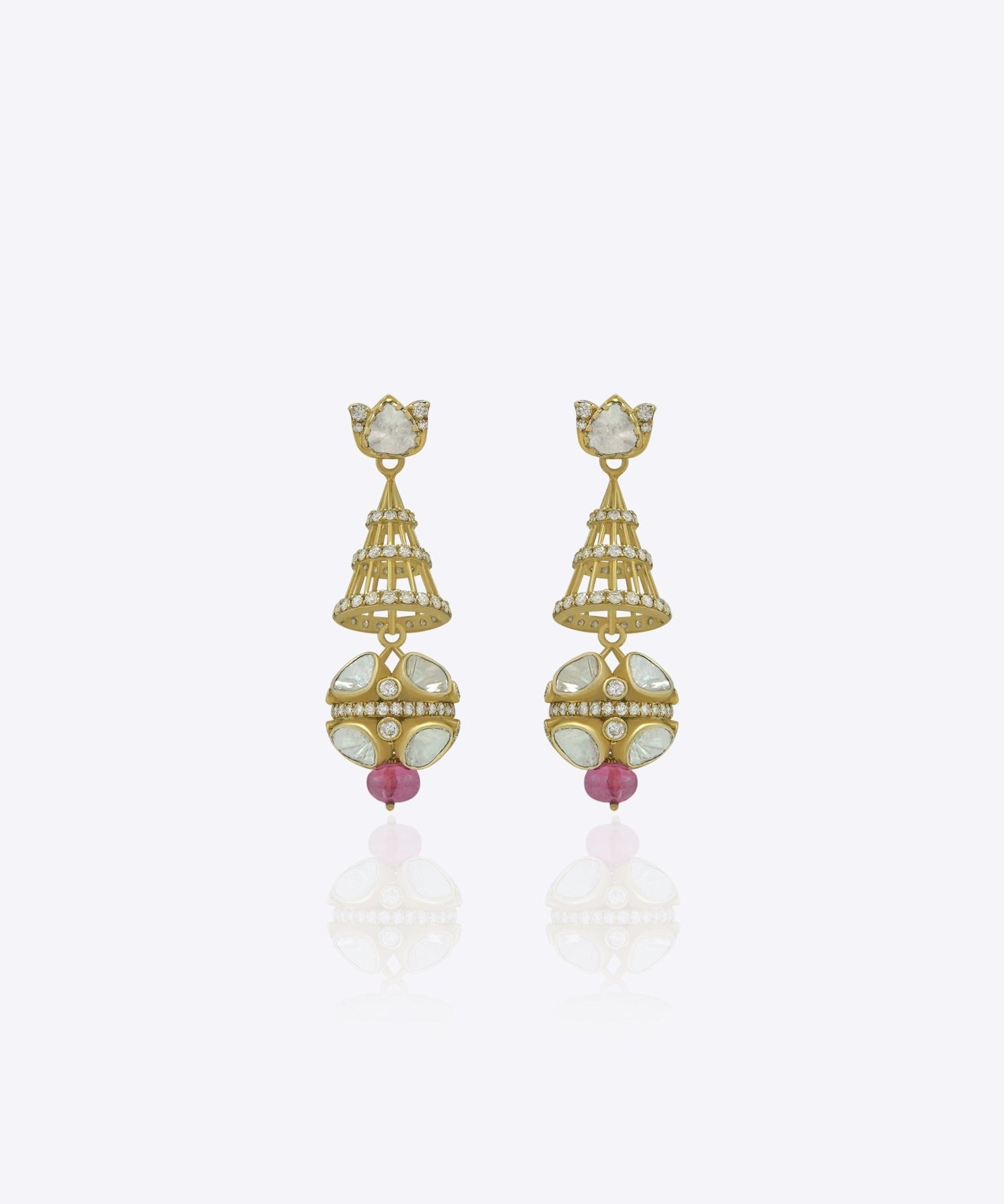 9K gold tiered bell earrings featuring small diamond bands, a large pearl orb, and a ruby drop tip.