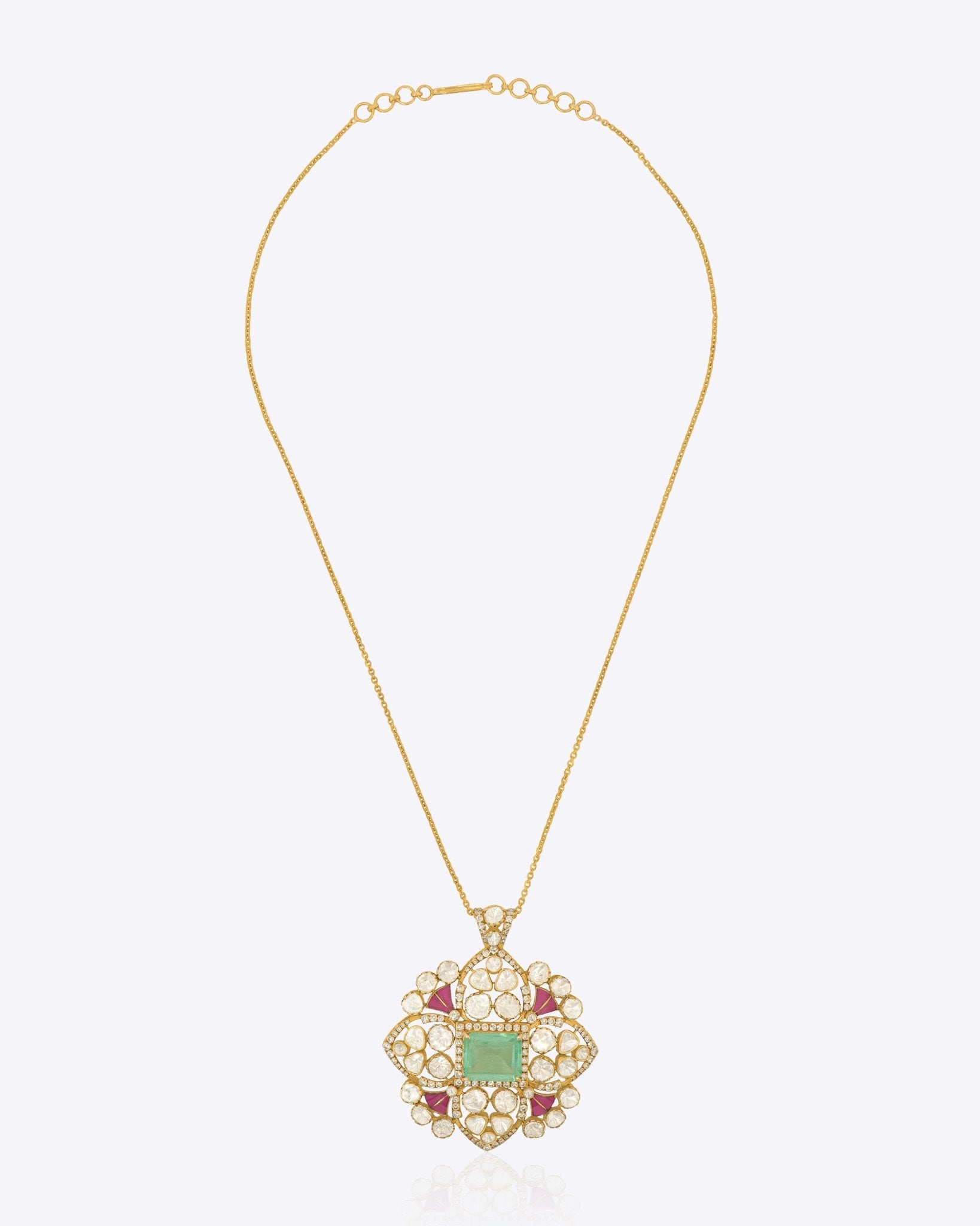 Sorbet Fleur Pendant in 14k gold with a square-cut emerald and Polki diamonds