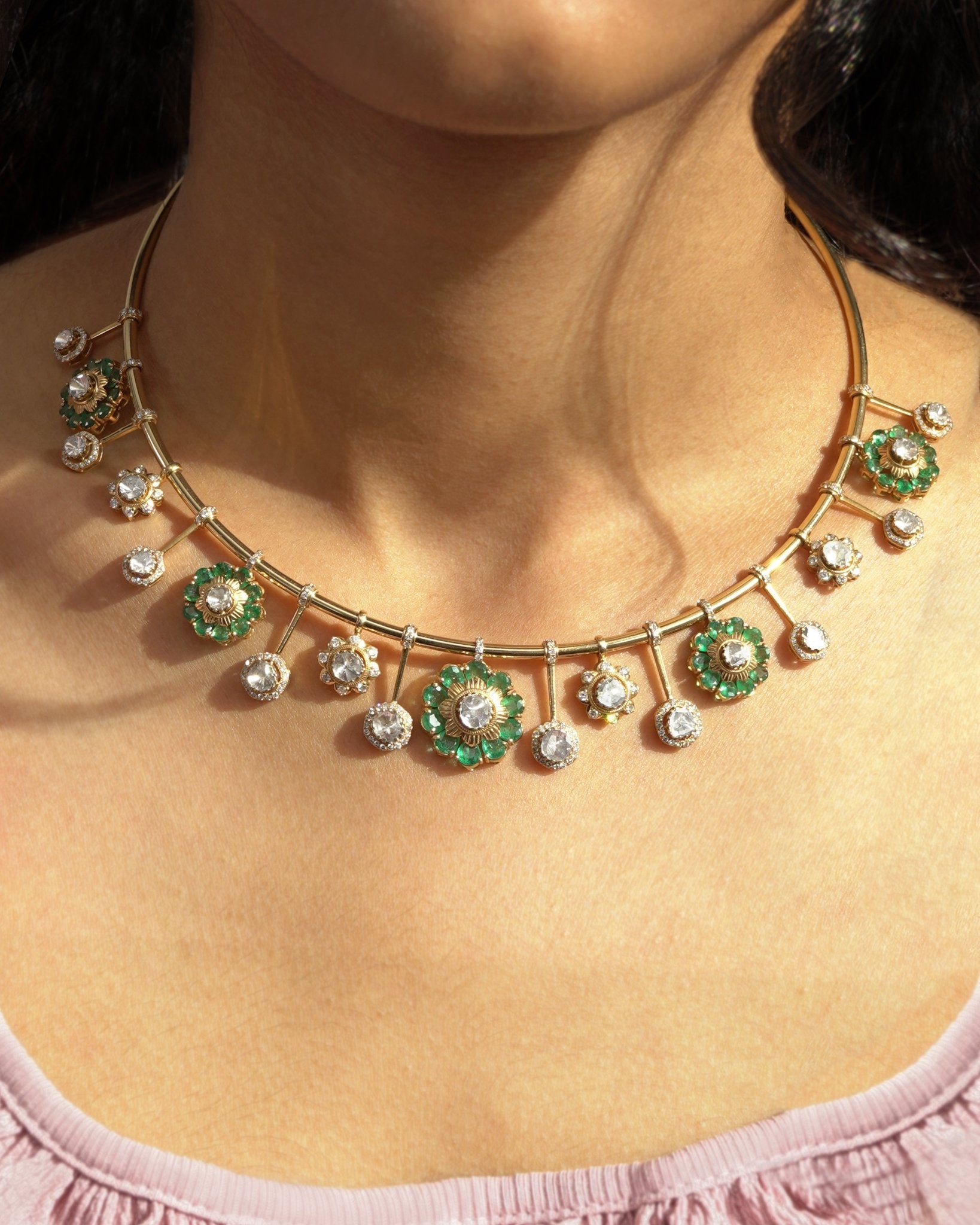 Ziana Petal Necklace in 14k gold with Polki diamonds and sea-green enamel floral design.