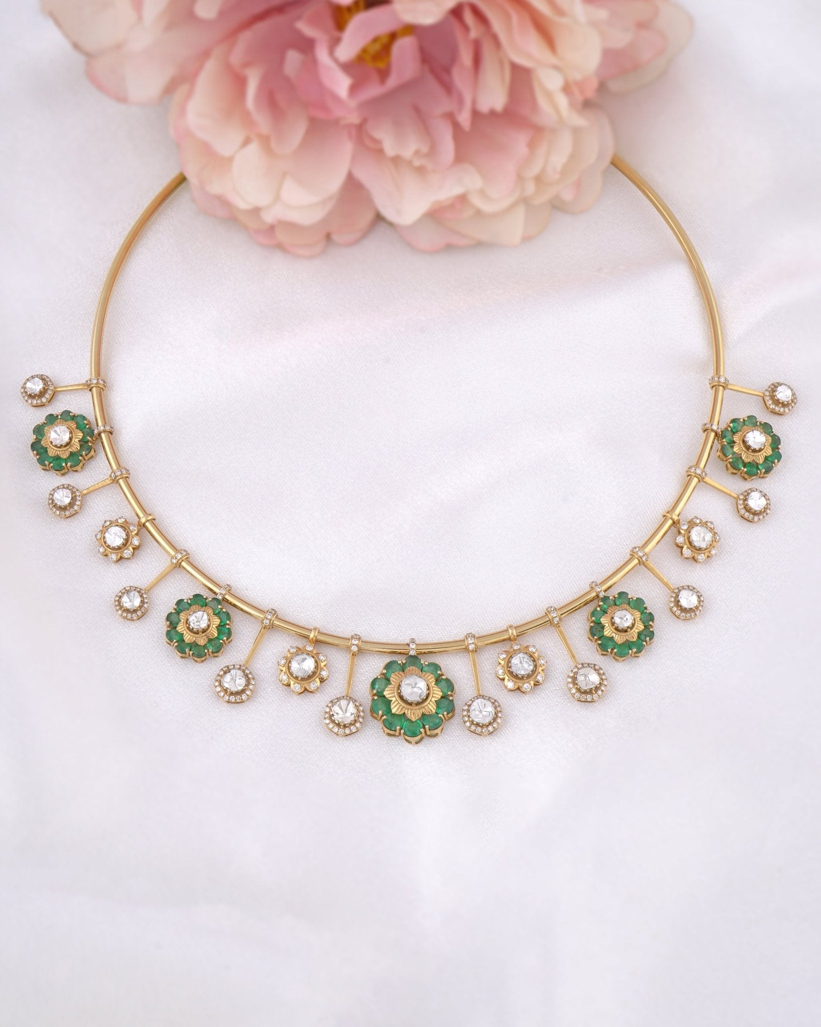 Ziana Petal Necklace in 14k gold with Polki diamonds and sea-green enamel floral design.