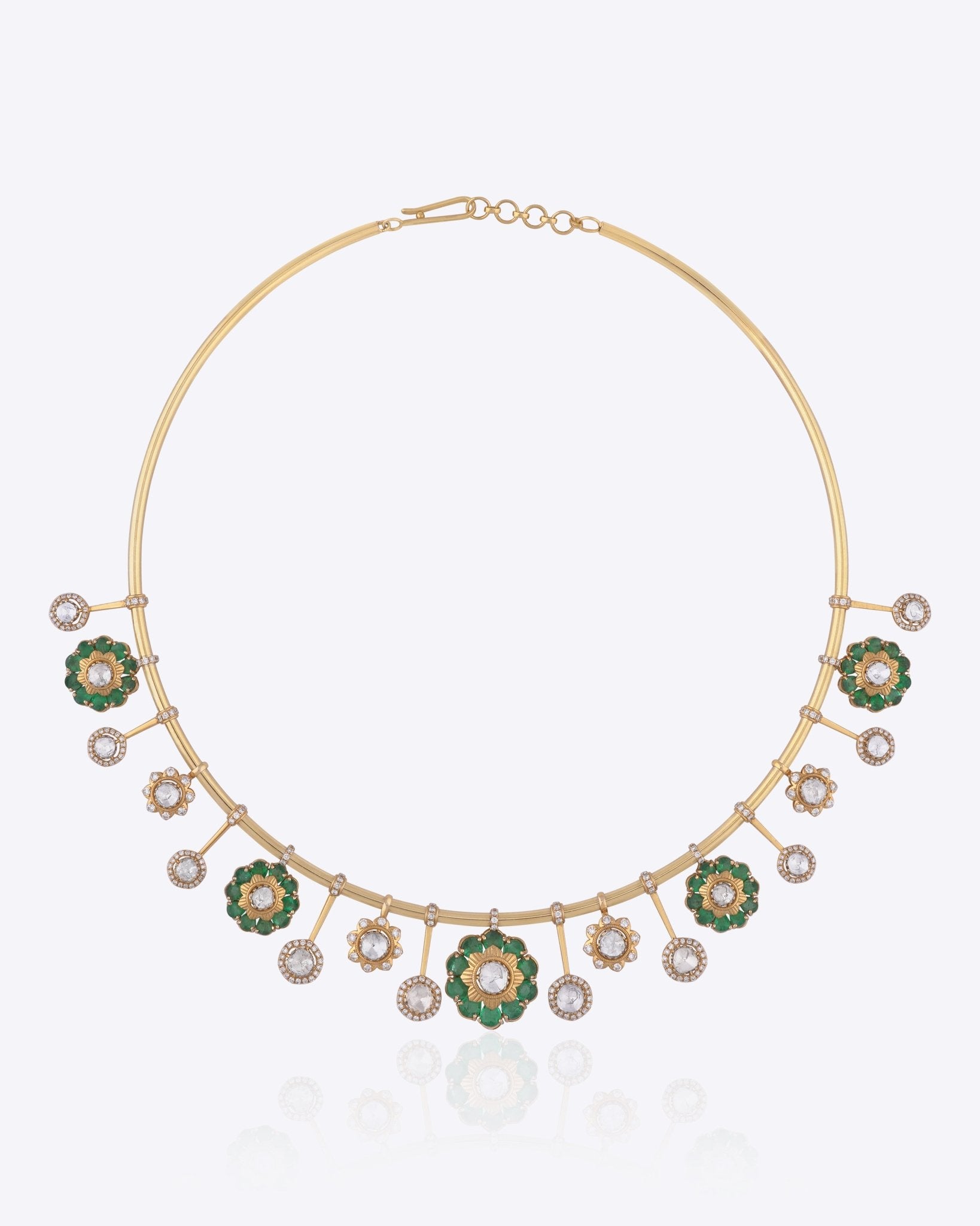 Ziana Petal Necklace in 14k gold with Polki diamonds and sea-green enamel floral design.