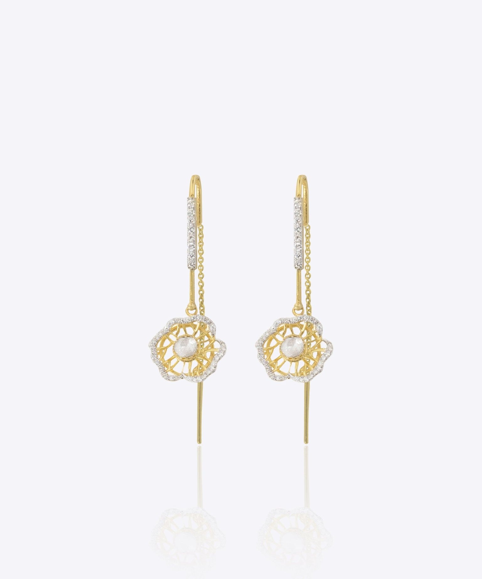 9k gold linear thread earrings with floral Polki accents and elegant detailing