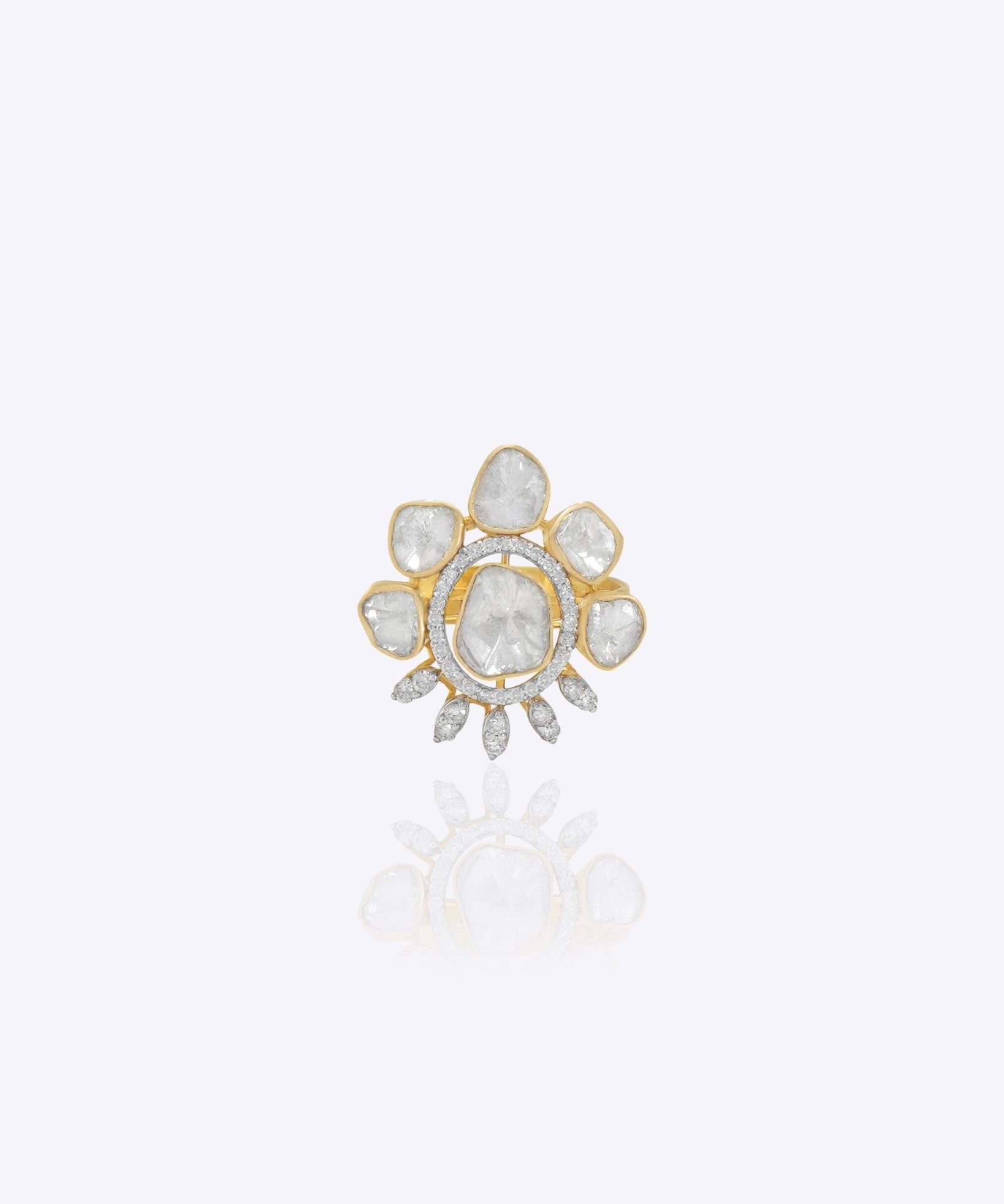 Aurelia Bloom Ring in 14k gold features with polki and diamonds in a floral sunburst design crafted in gold