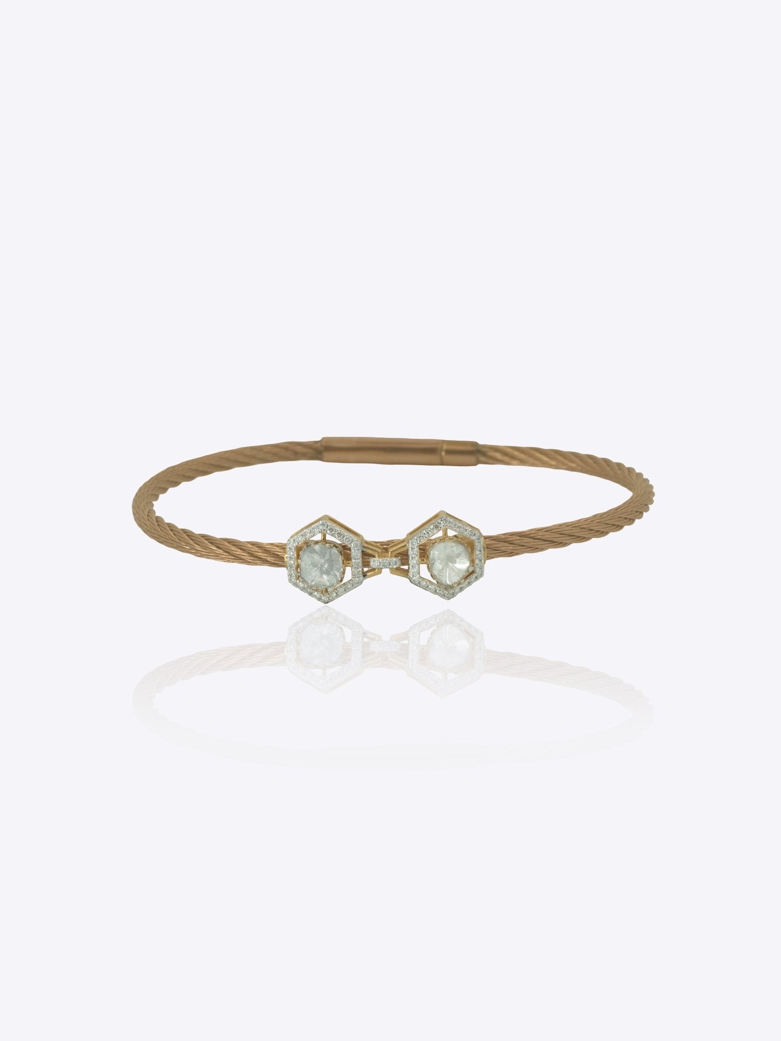 9k gold contemporary bracelet with dual hexagonal Polki centerpiece