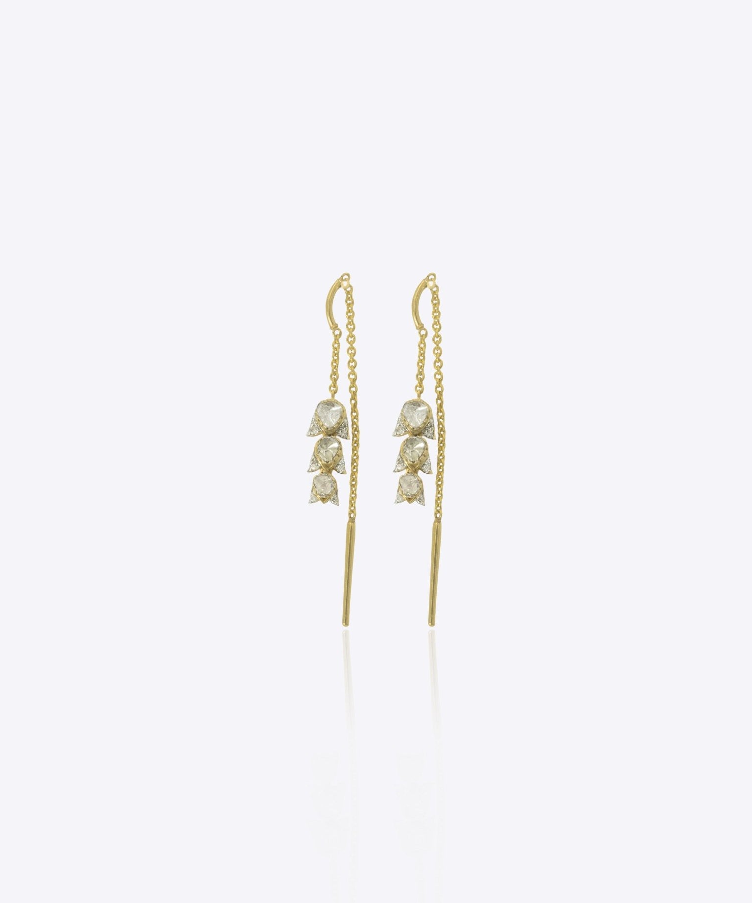 9k gold floral drop earrings with cascading lily petals and Polki accents