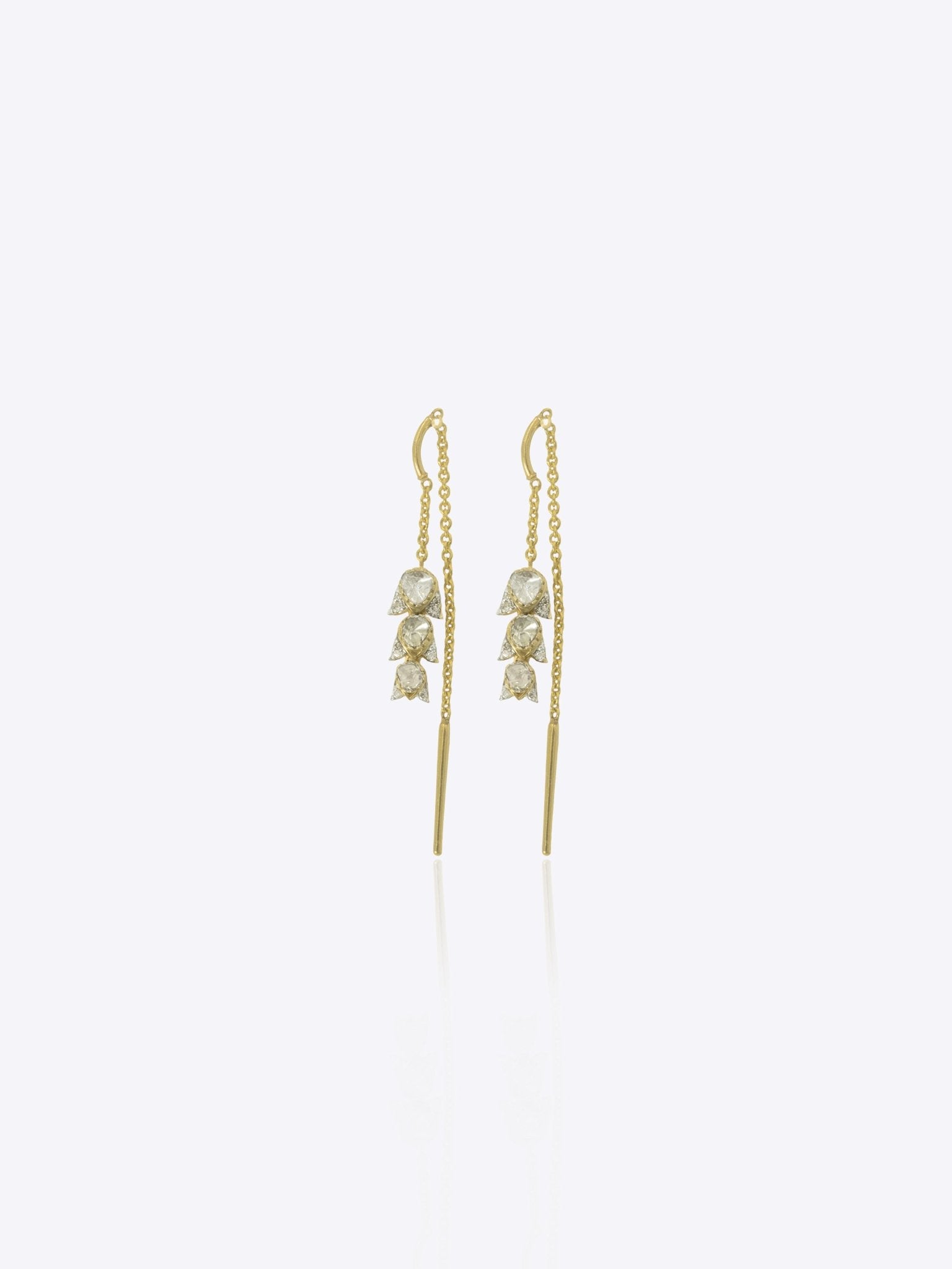 9k gold floral drop earrings with cascading lily petals and Polki accents