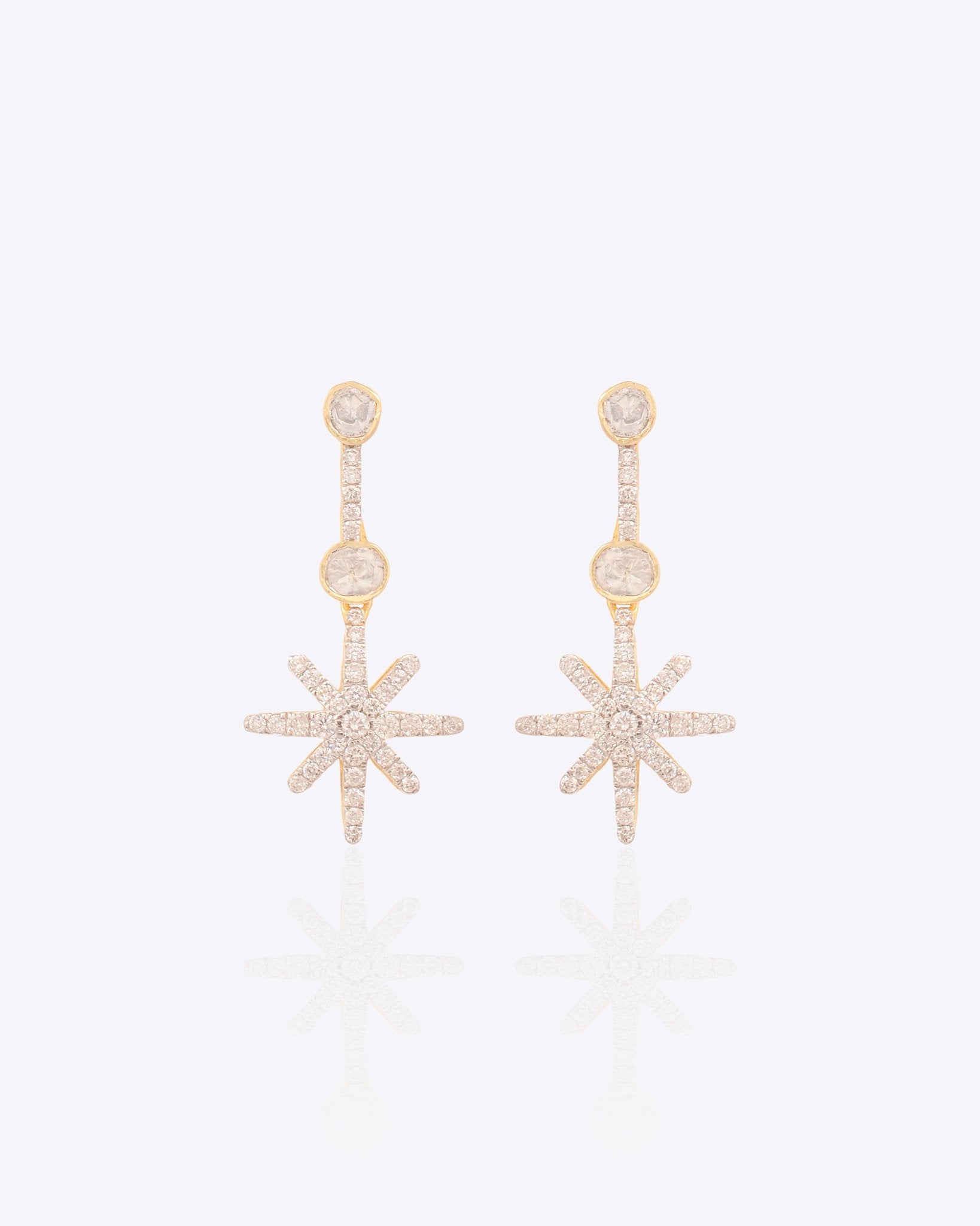 14K gold Polar Star Drop Earrings with Polki and diamond accents.