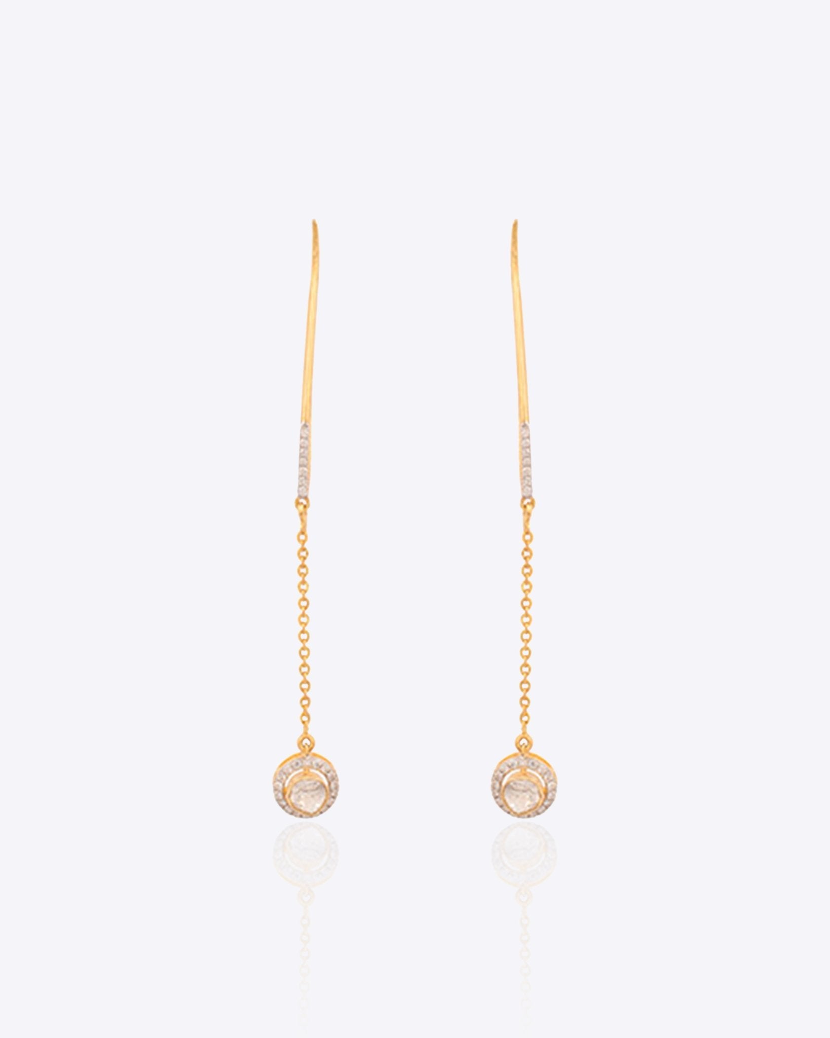 14k gold thread earrings with radiant Polki diamonds