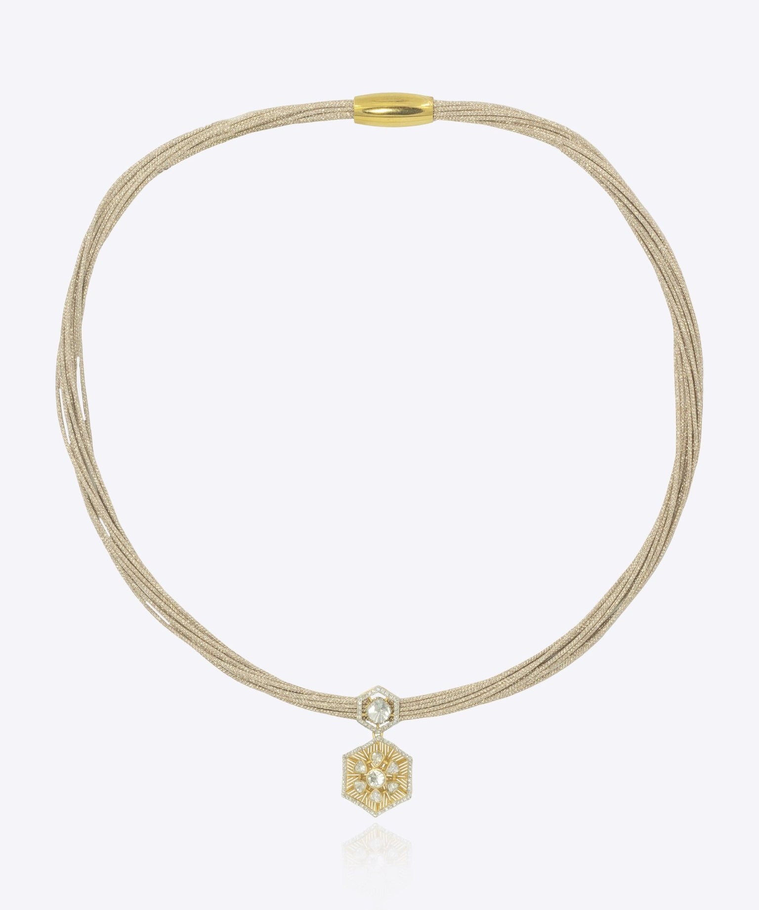 9k gold contemporary necklace with hexagonal Polki pendant detailing