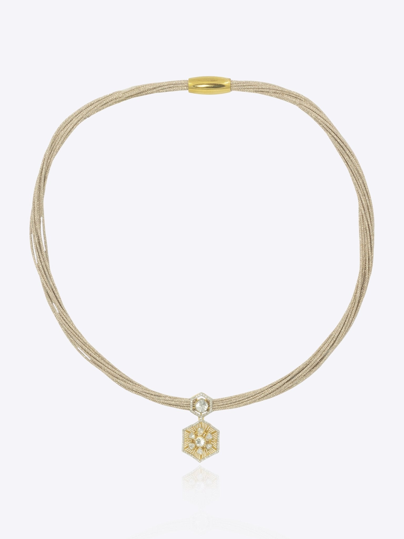 9k gold contemporary necklace with hexagonal Polki pendant detailing