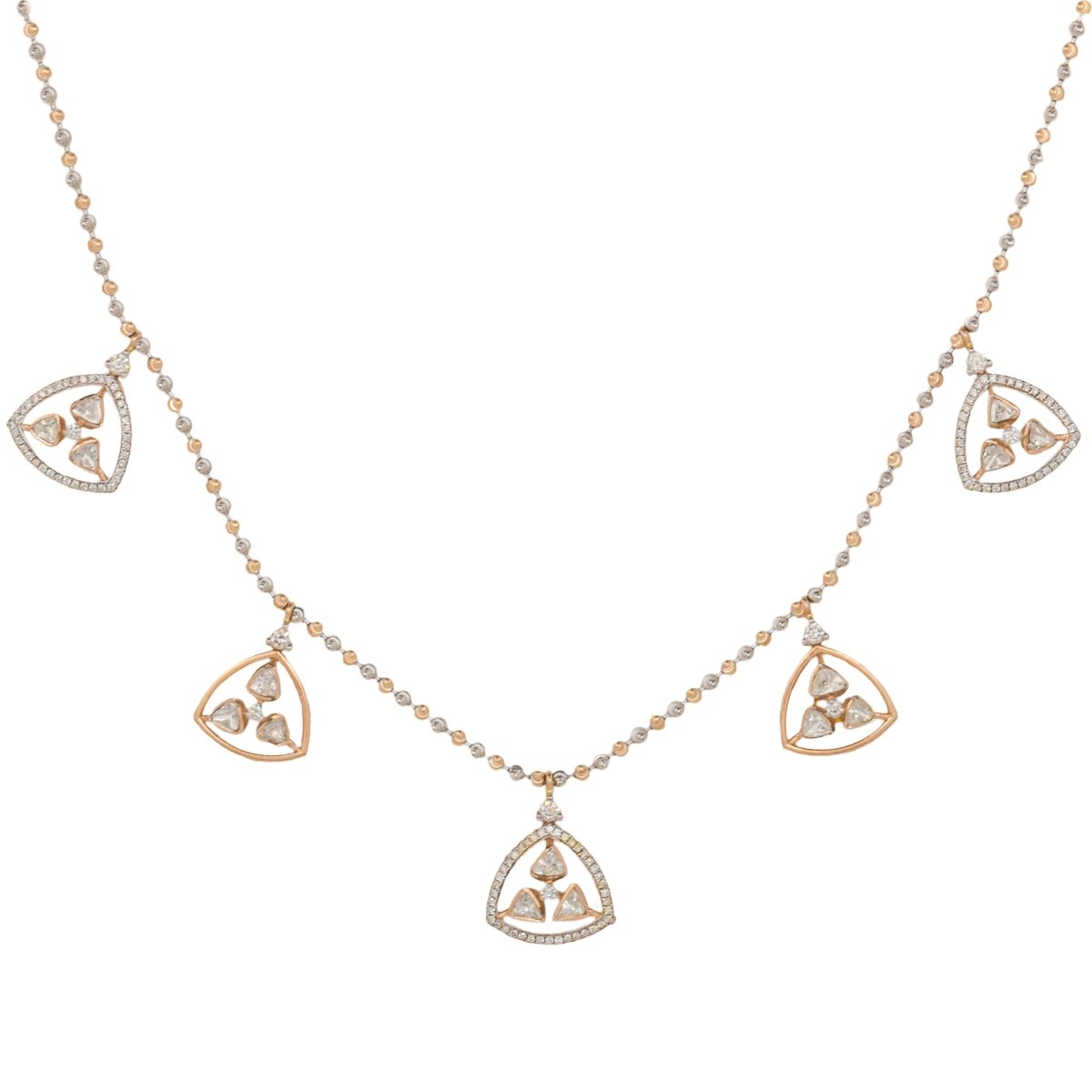 18K gold necklace with Polki diamond drops along a slender chain.