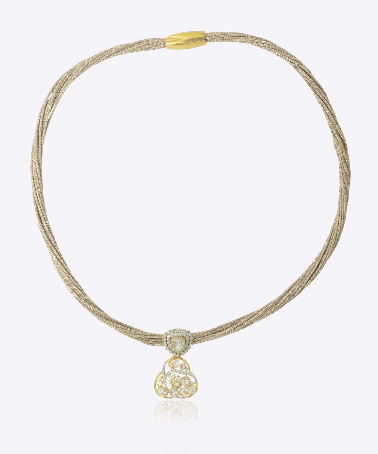 9k gold artisan necklace with nest pendant and radiant Polki cluster detailing