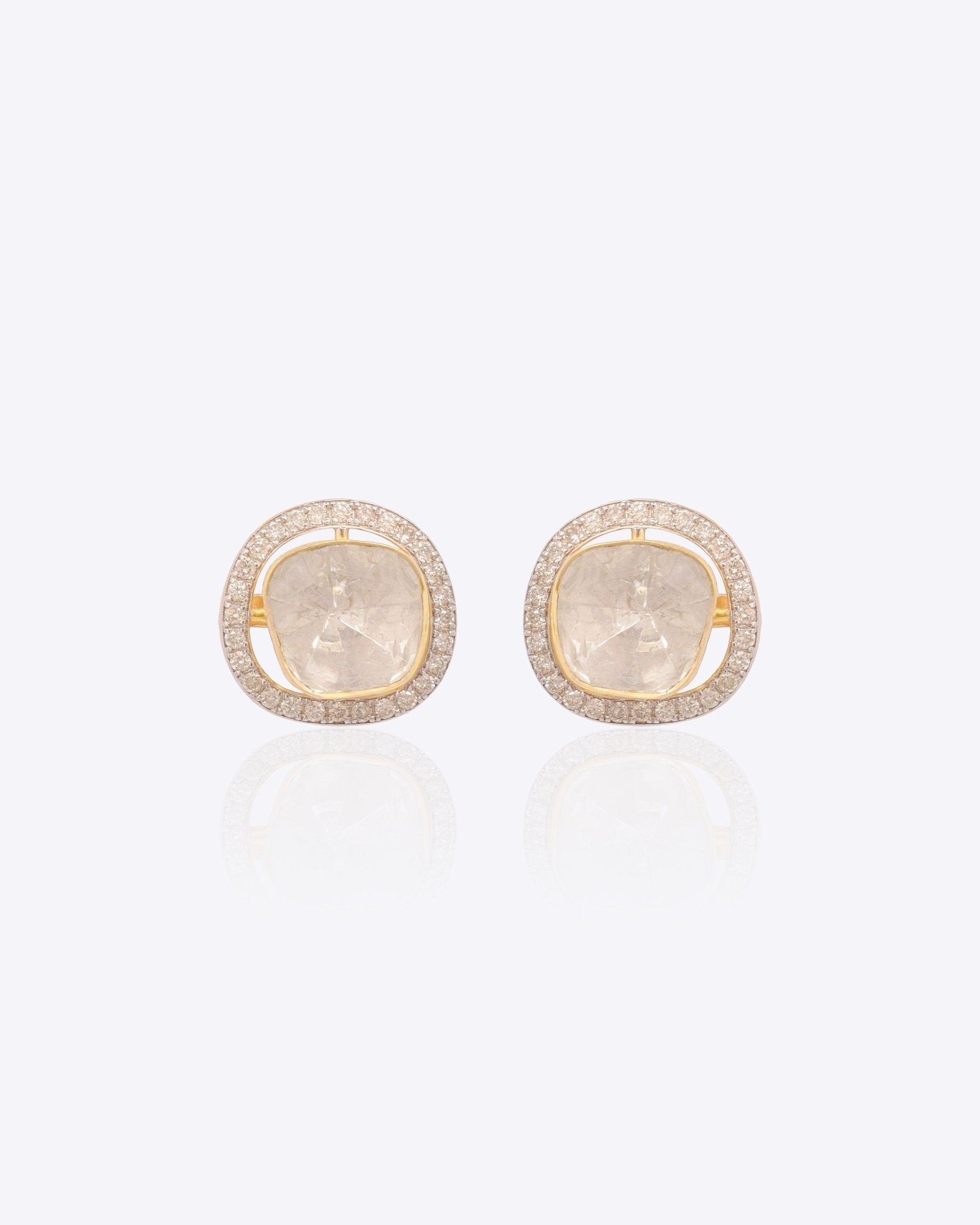 14k gold stud earrings with Polki center and diamond halo accents